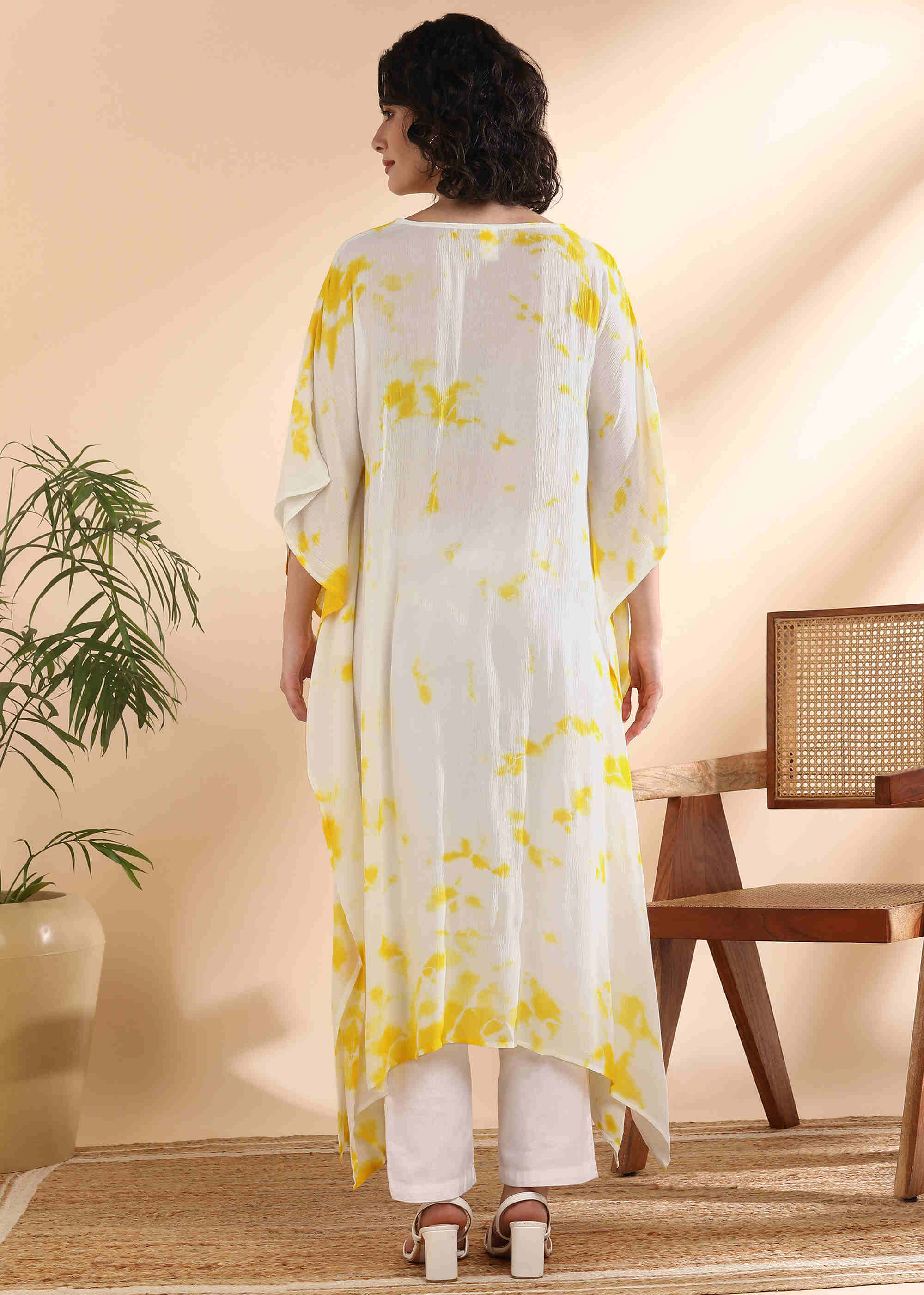 Women Handmade Tie-Dye Rayon Crepe White Kaftan (W1643)