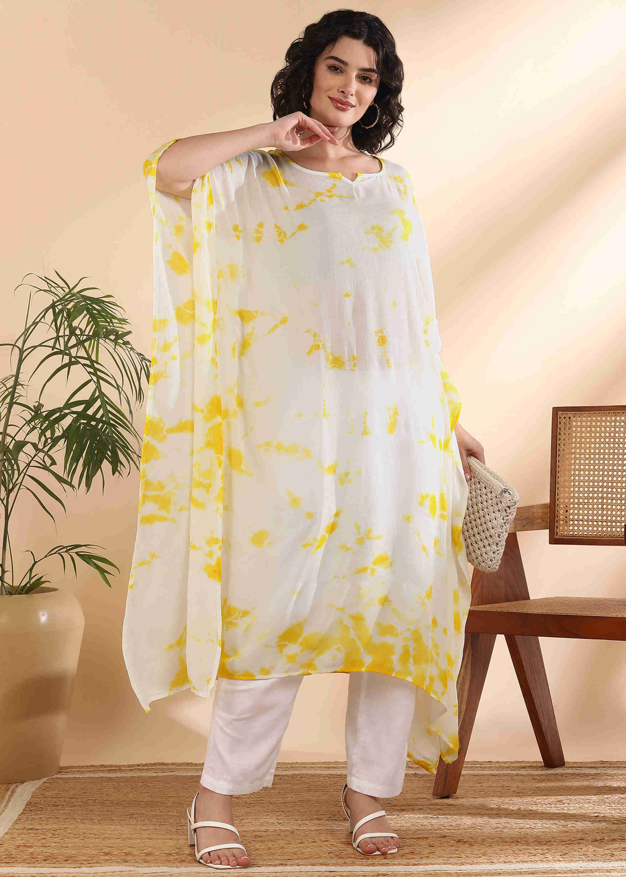 Women Handmade Tie-Dye Rayon Crepe White Kaftan (W1643)