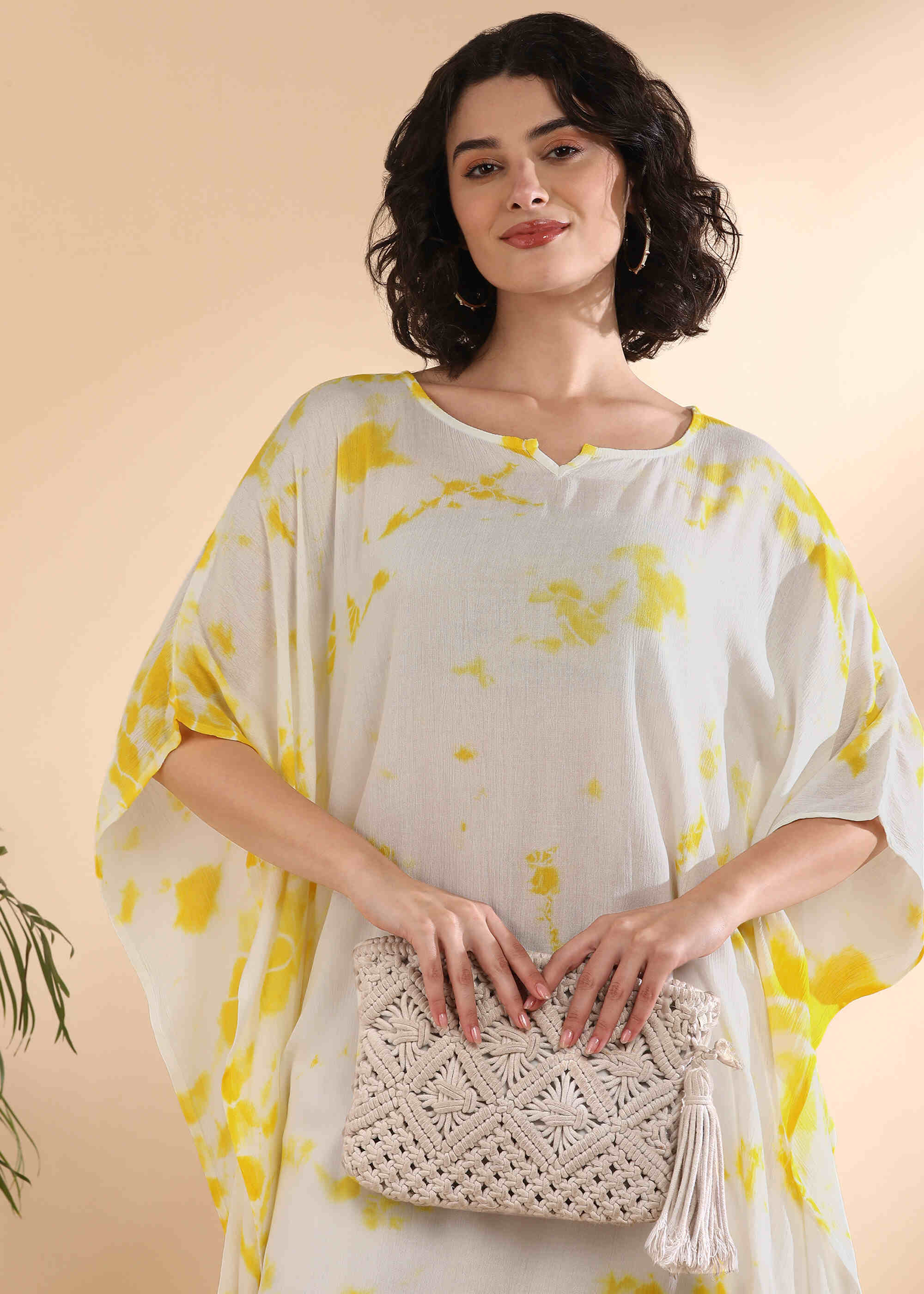 Women Handmade Tie-Dye Rayon Crepe White Kaftan (W1643)