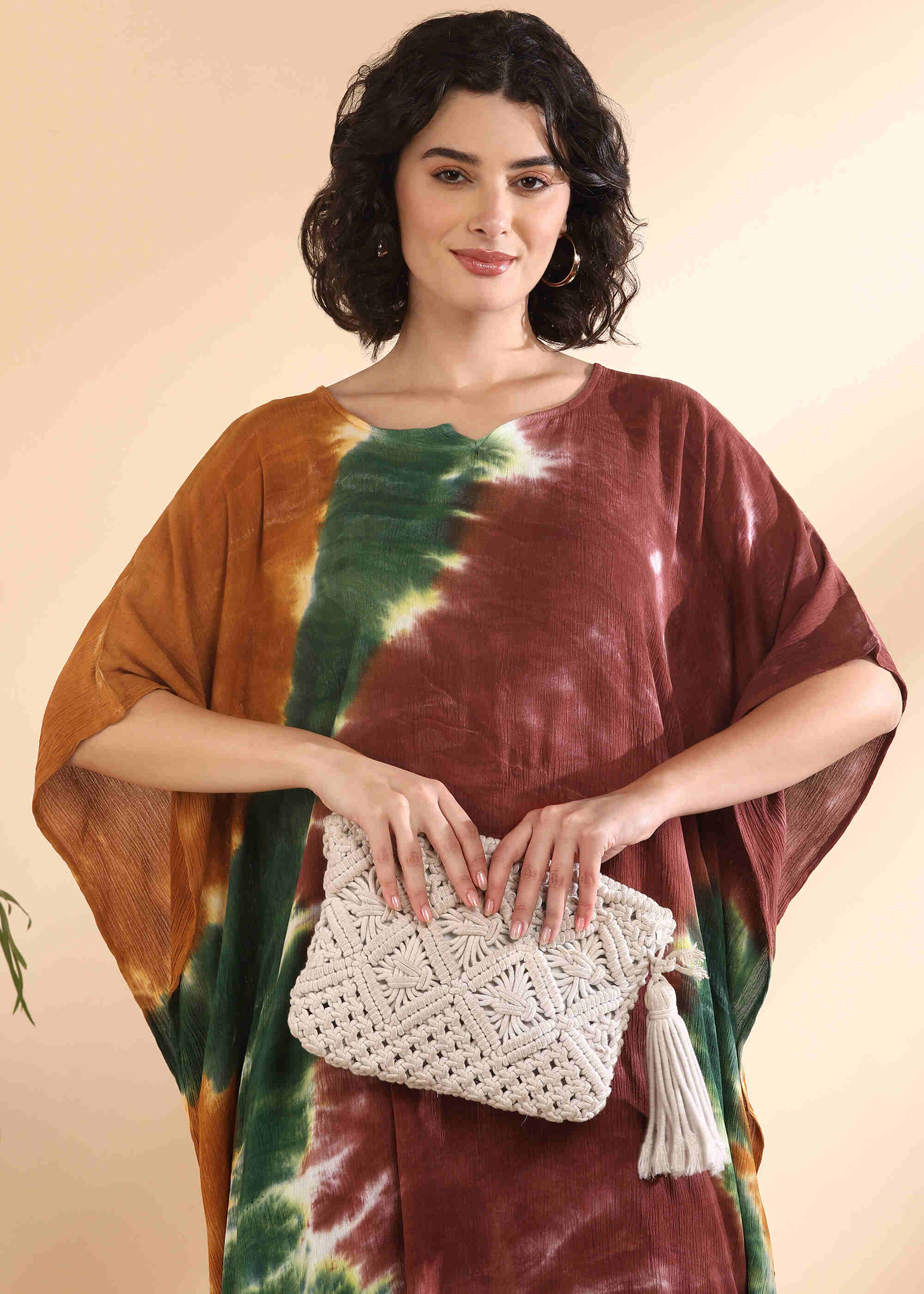 Women Handmade Tie-Dye Rayon Crepe Brown Kaftan (W1645)