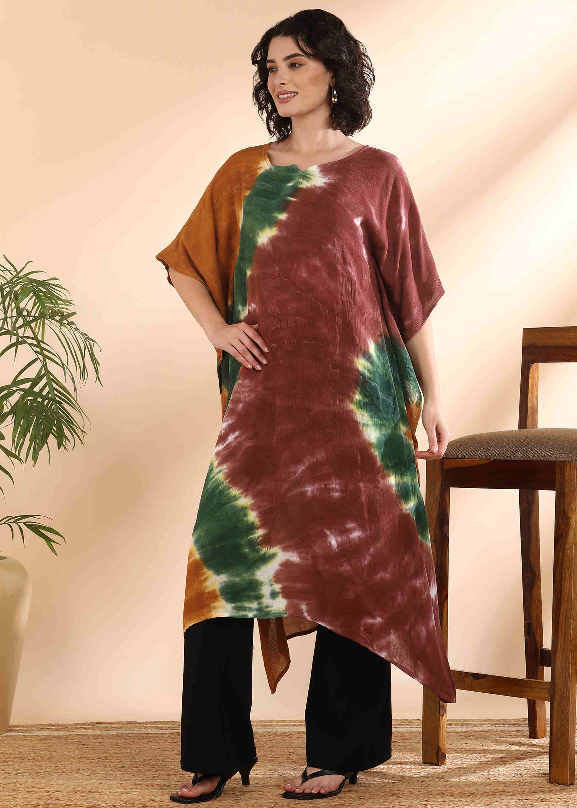 Women Handmade Tie-Dye Rayon Crepe Brown Kaftan (W1645)