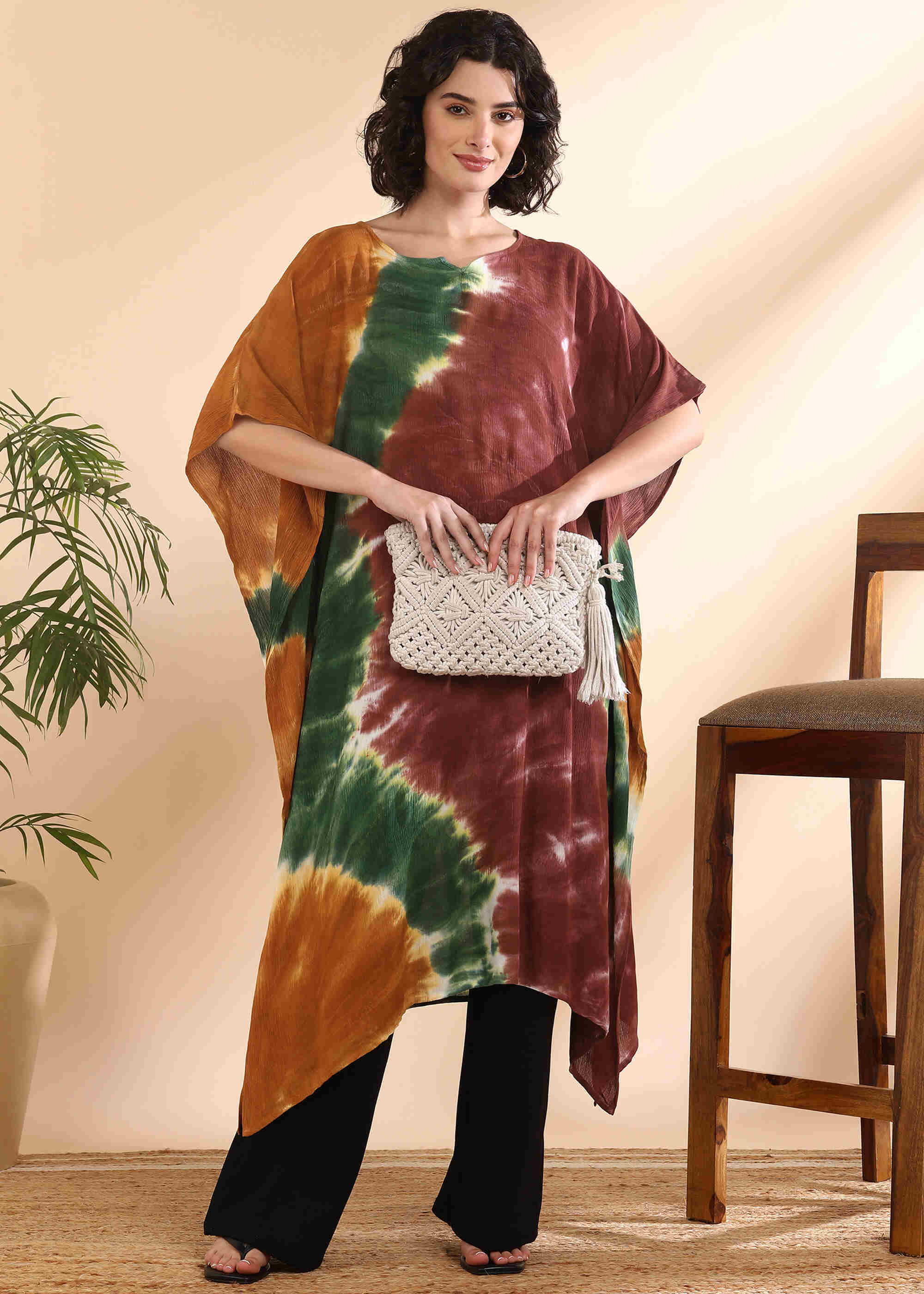 Women Handmade Tie-Dye Rayon Crepe Brown Kaftan (W1645)