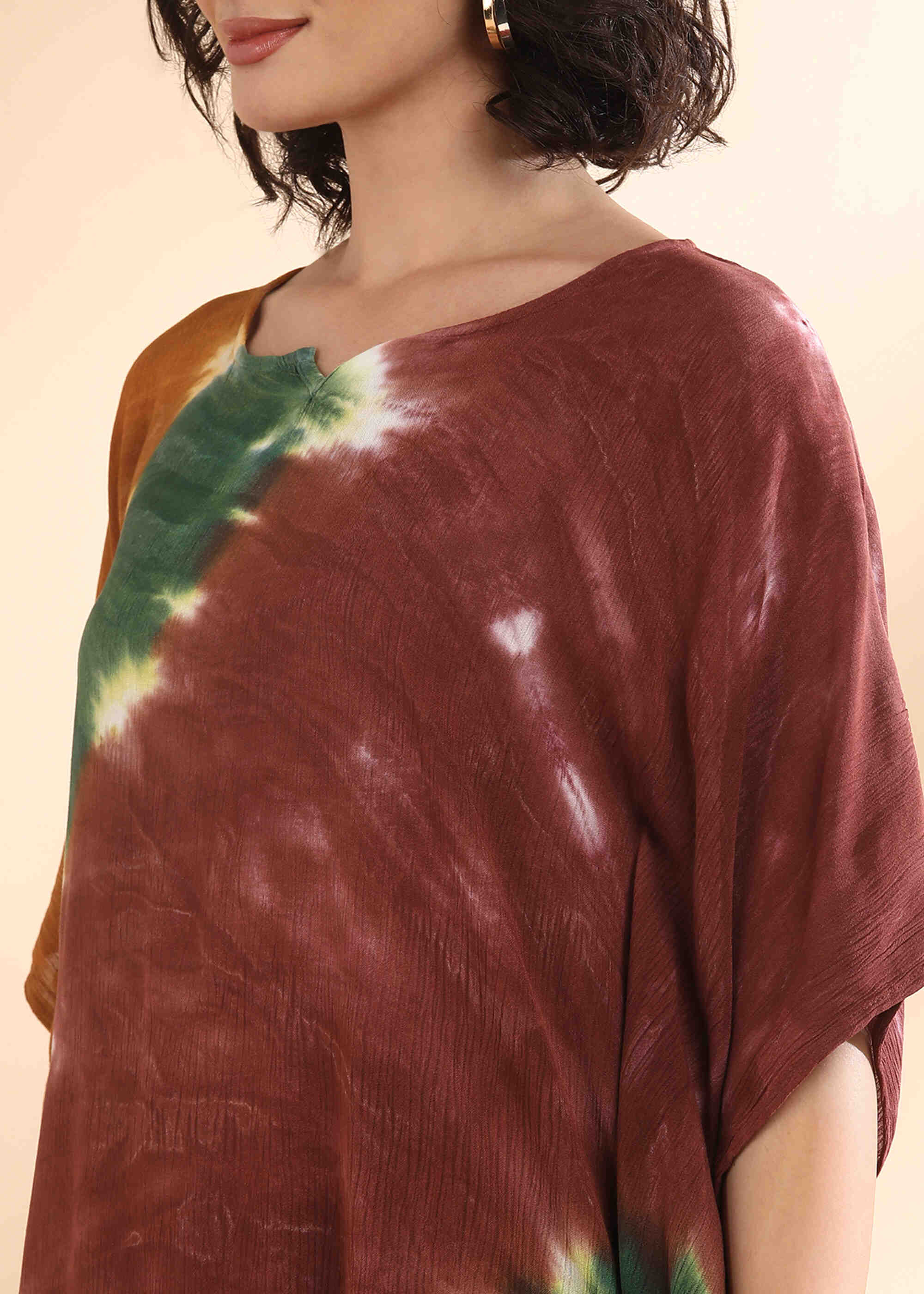 Women Handmade Tie-Dye Rayon Crepe Brown Kaftan (W1645)