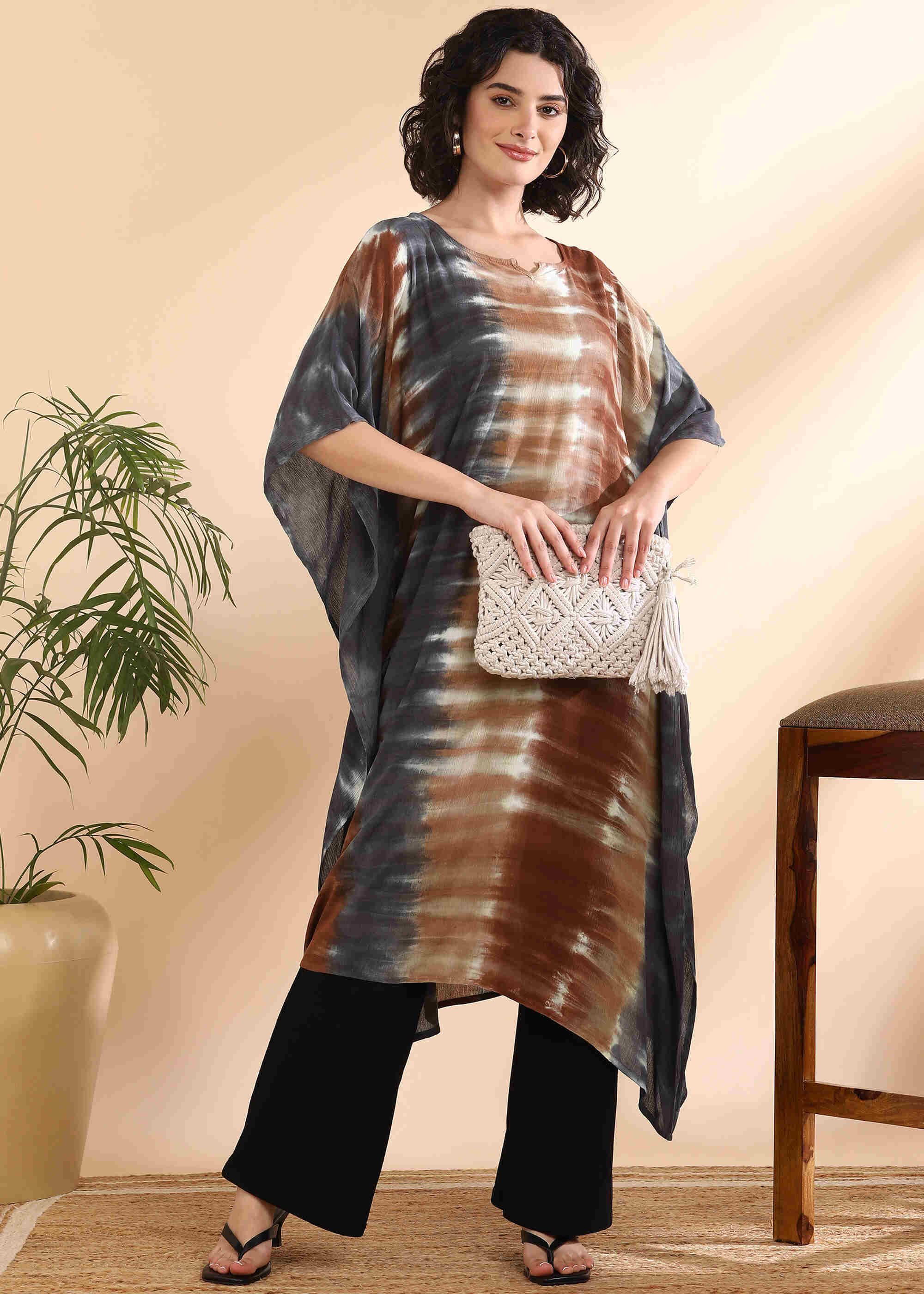 Women Handmade Tie-Dye Rayon Crepe Maroon Blue Kaftan (W1646)