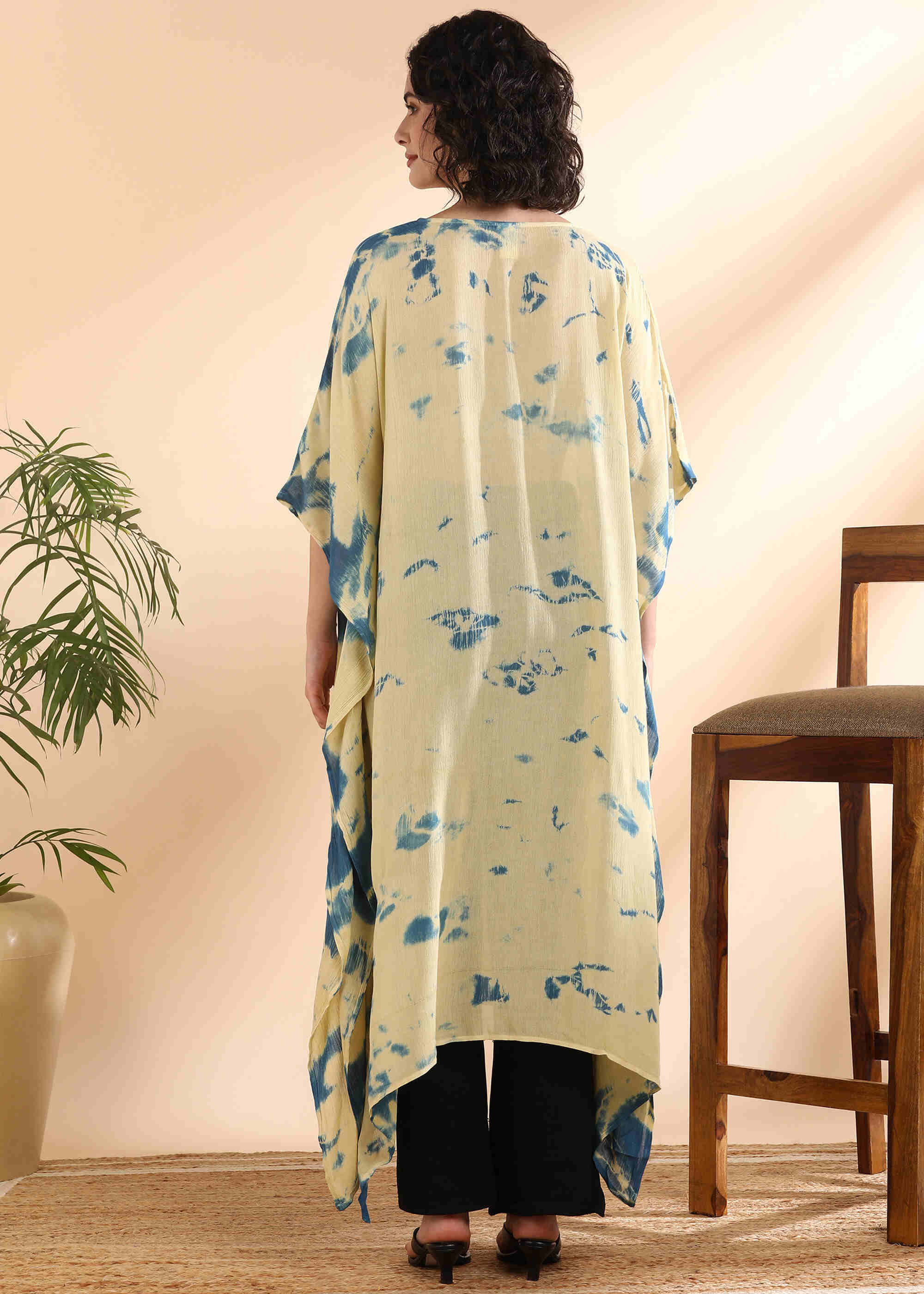 Women Handmade Tie-Dye Rayon Crepe Beige Kaftan (W1647)