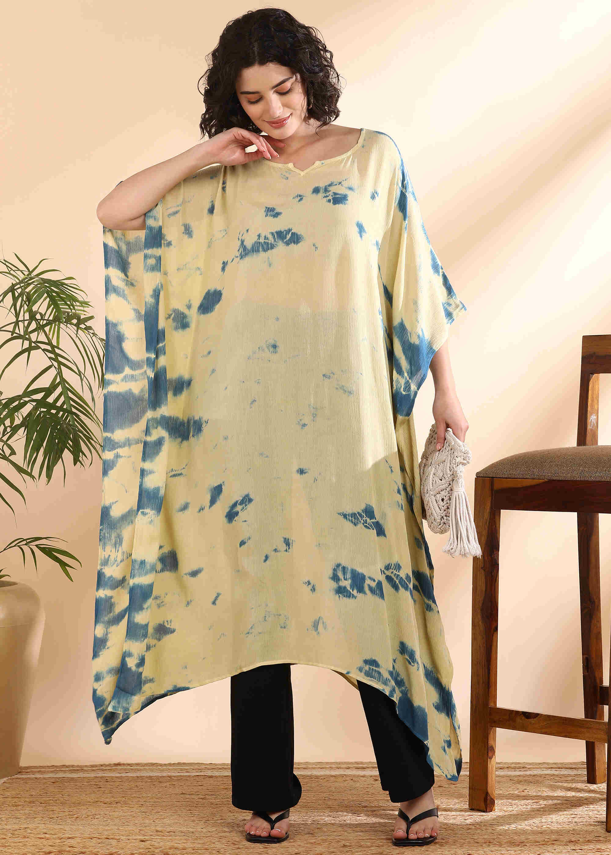 Women Handmade Tie-Dye Rayon Crepe Beige Kaftan (W1647)