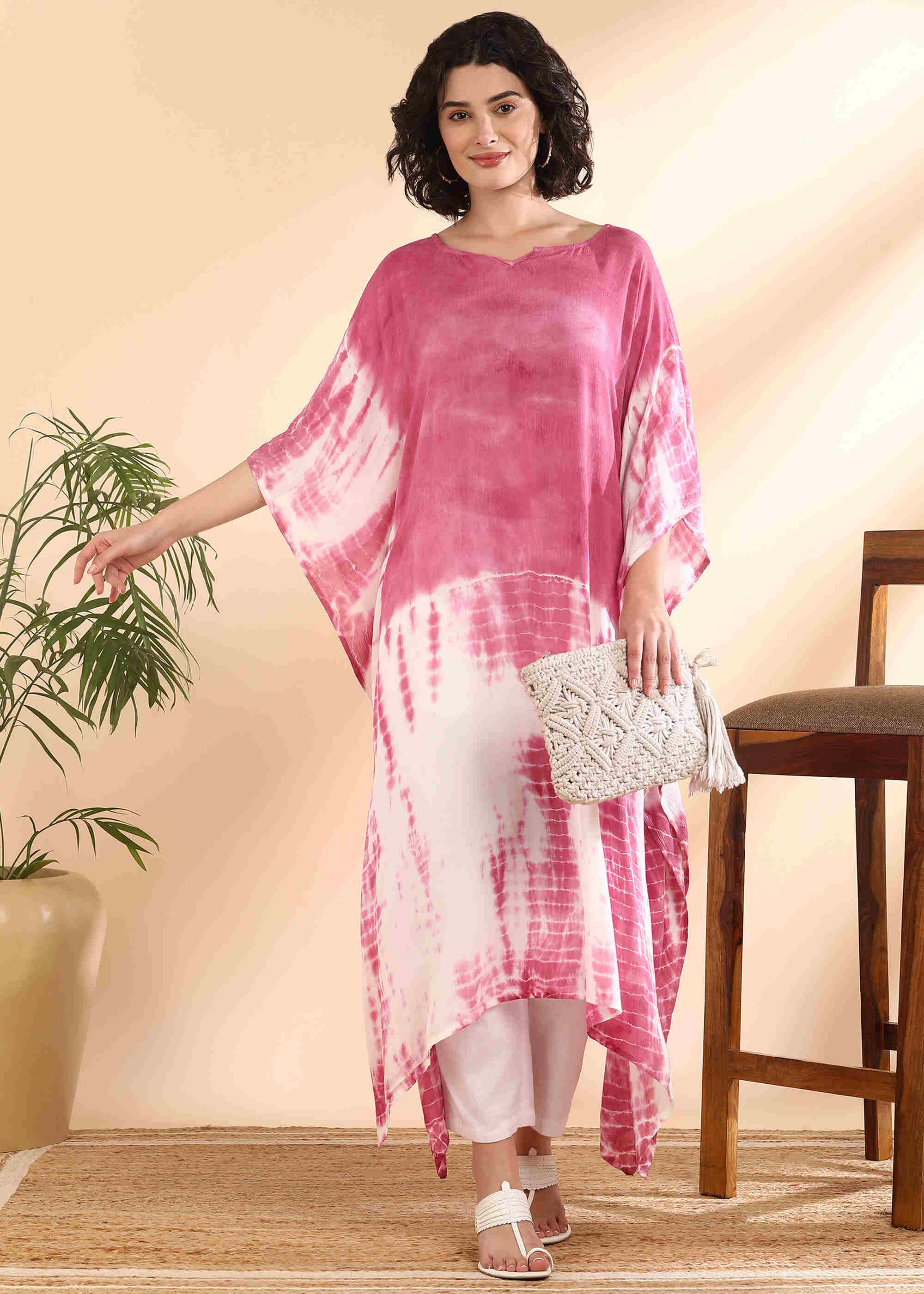 Women Handmade Tie-Dye Rayon Crepe Multi Pink Kaftan (W1648)