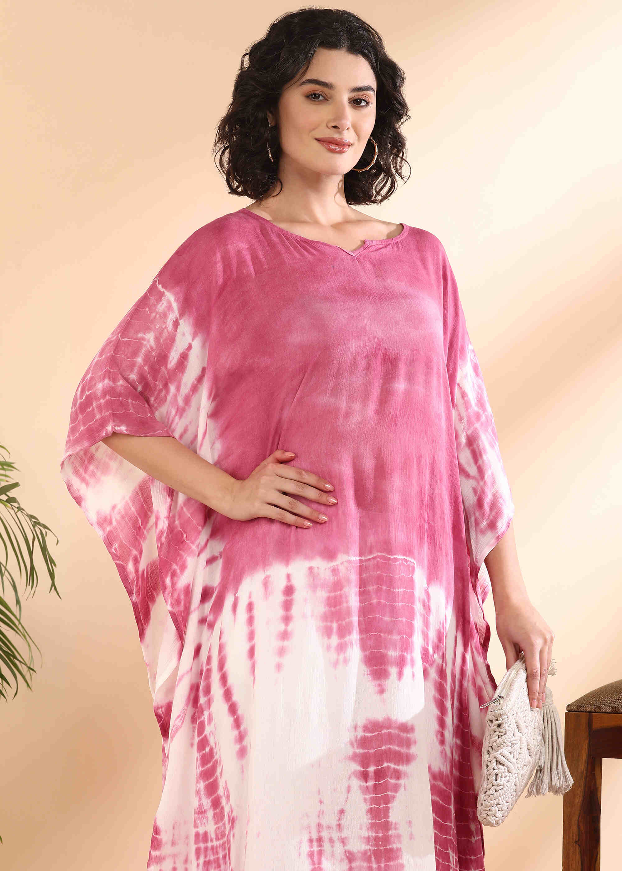 Women Handmade Tie-Dye Rayon Crepe Multi Pink Kaftan (W1648)