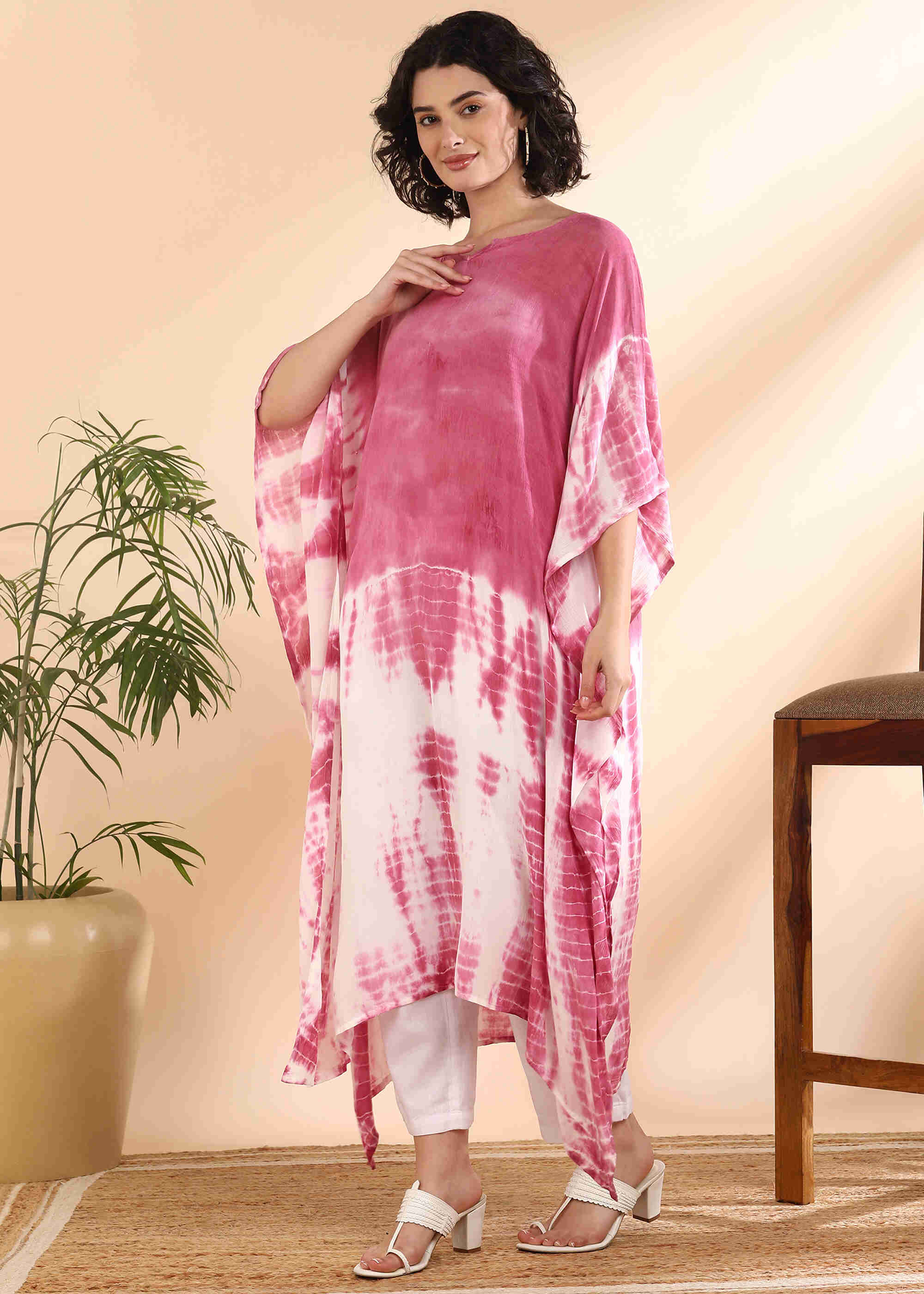 Women Handmade Tie-Dye Rayon Crepe Multi Pink Kaftan (W1648)