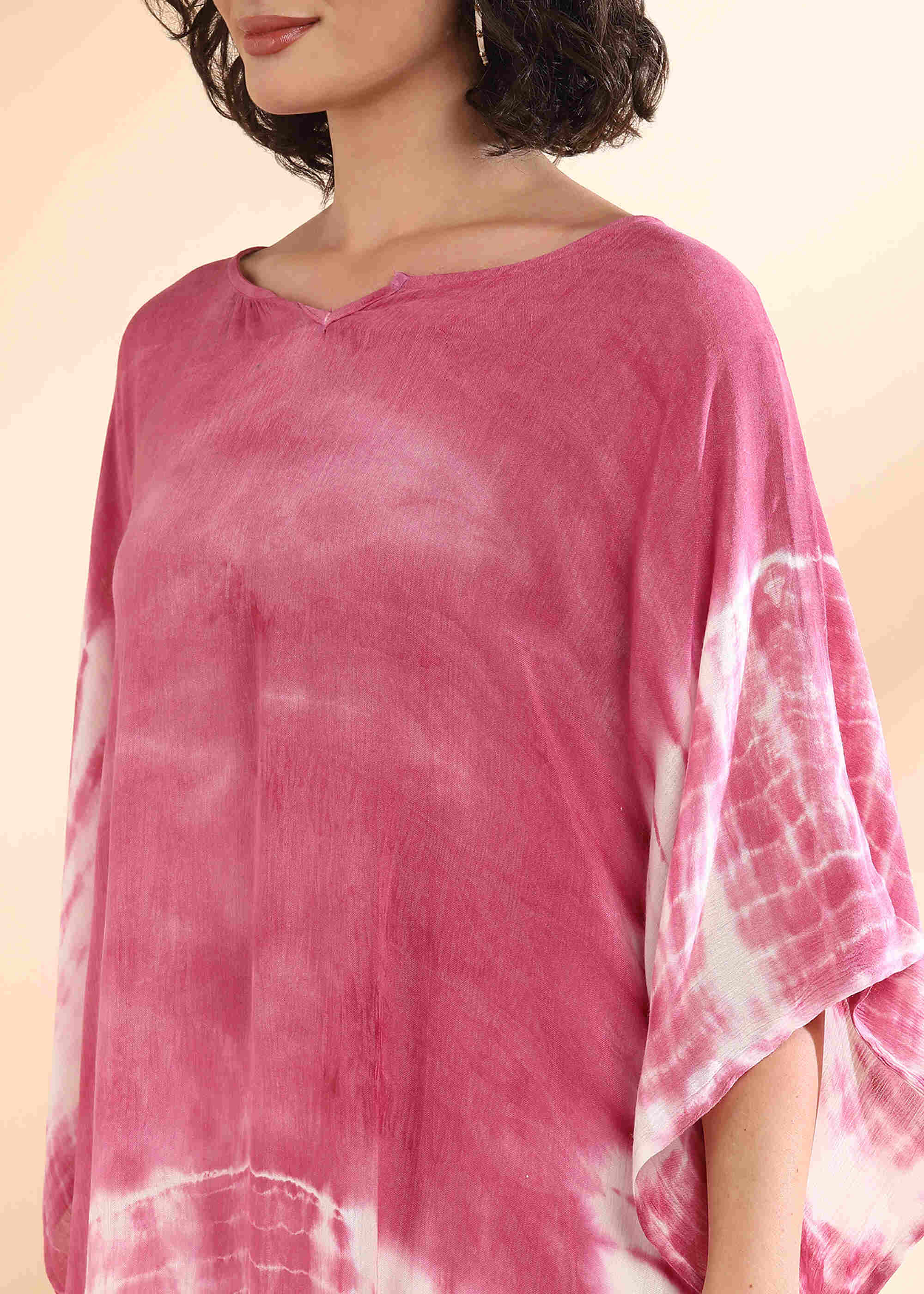 Women Handmade Tie-Dye Rayon Crepe Multi Pink Kaftan (W1648)