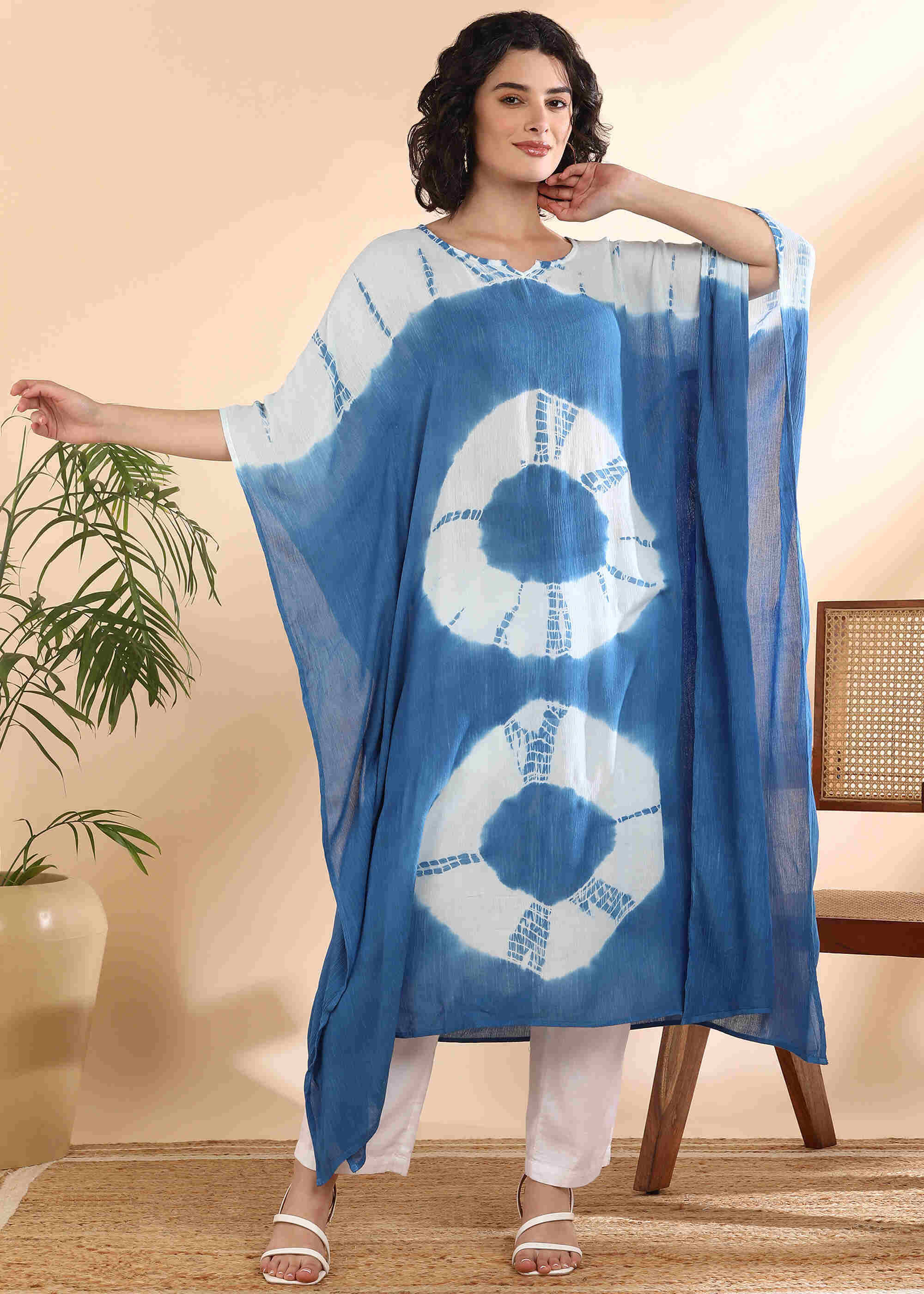 Women Handmade Tie-Dye Rayon Crepe Blue Kaftan (W1649)