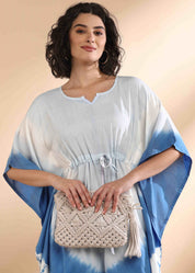 Women Handmade Tie-Dye Rayon White Blue Kaftan (W1650)