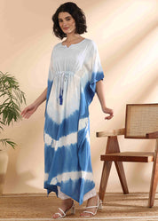 Women Handmade Tie-Dye Rayon White Blue Kaftan (W1650)