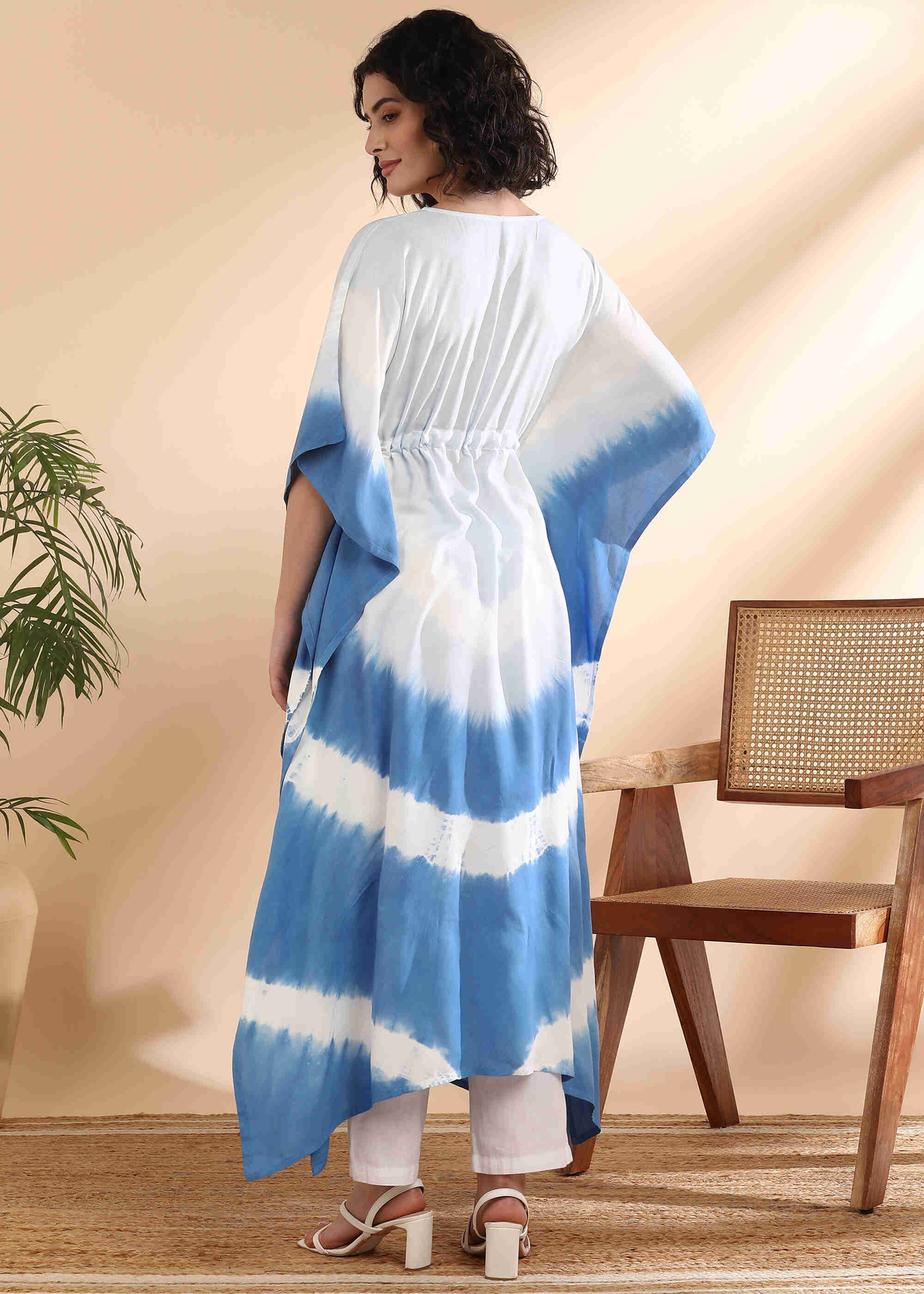 Women Handmade Tie-Dye Rayon White Blue Kaftan (W1650)