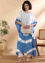 Women Handmade Tie-Dye Rayon White Blue Kaftan (W1650)