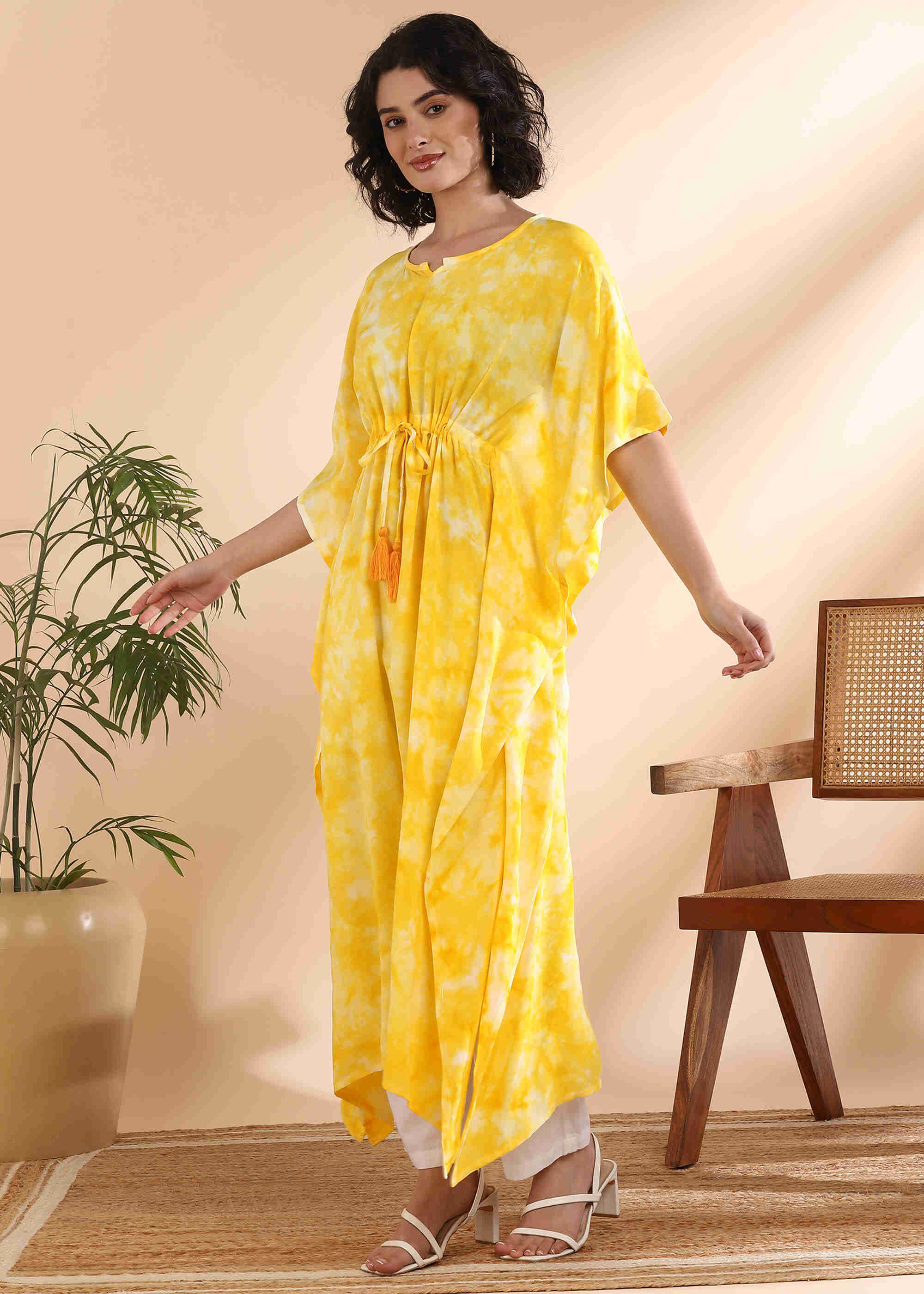 Women Handmade Tie-Dye Rayon Yellow Kaftan (W1651)