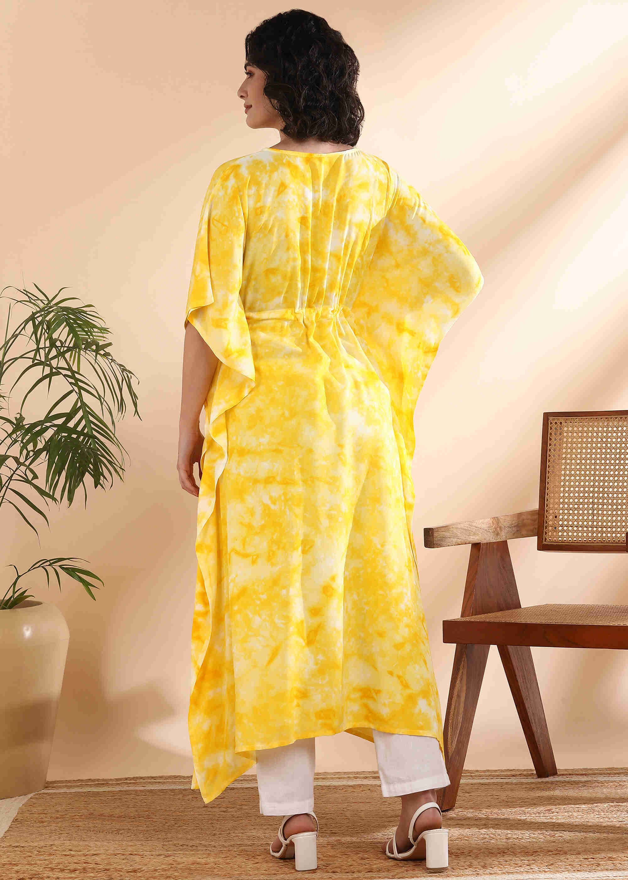 Women Handmade Tie-Dye Rayon Yellow Kaftan (W1651)