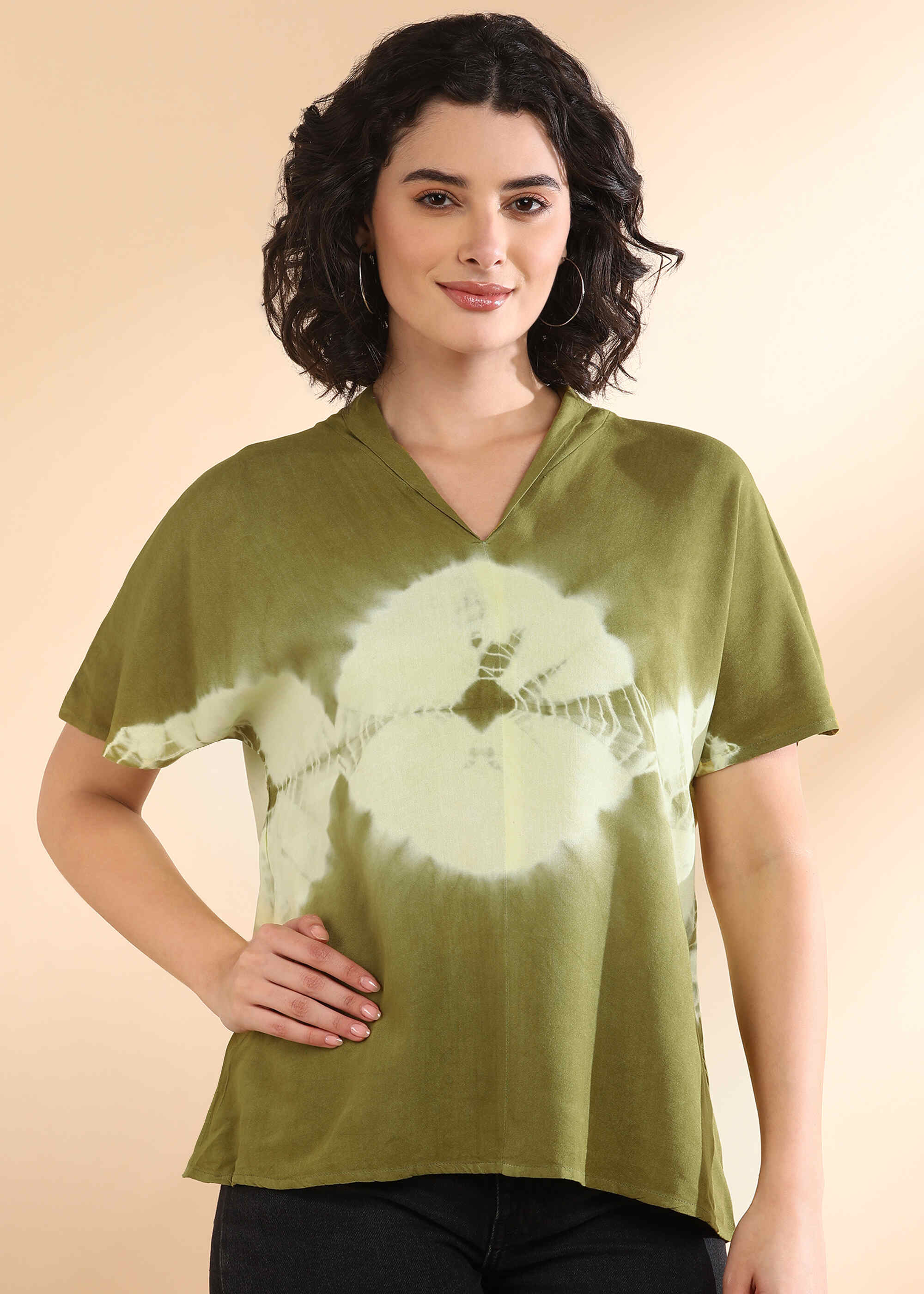 Women Handmade Tie-Dye Rayon Olive Green Top (W1652)