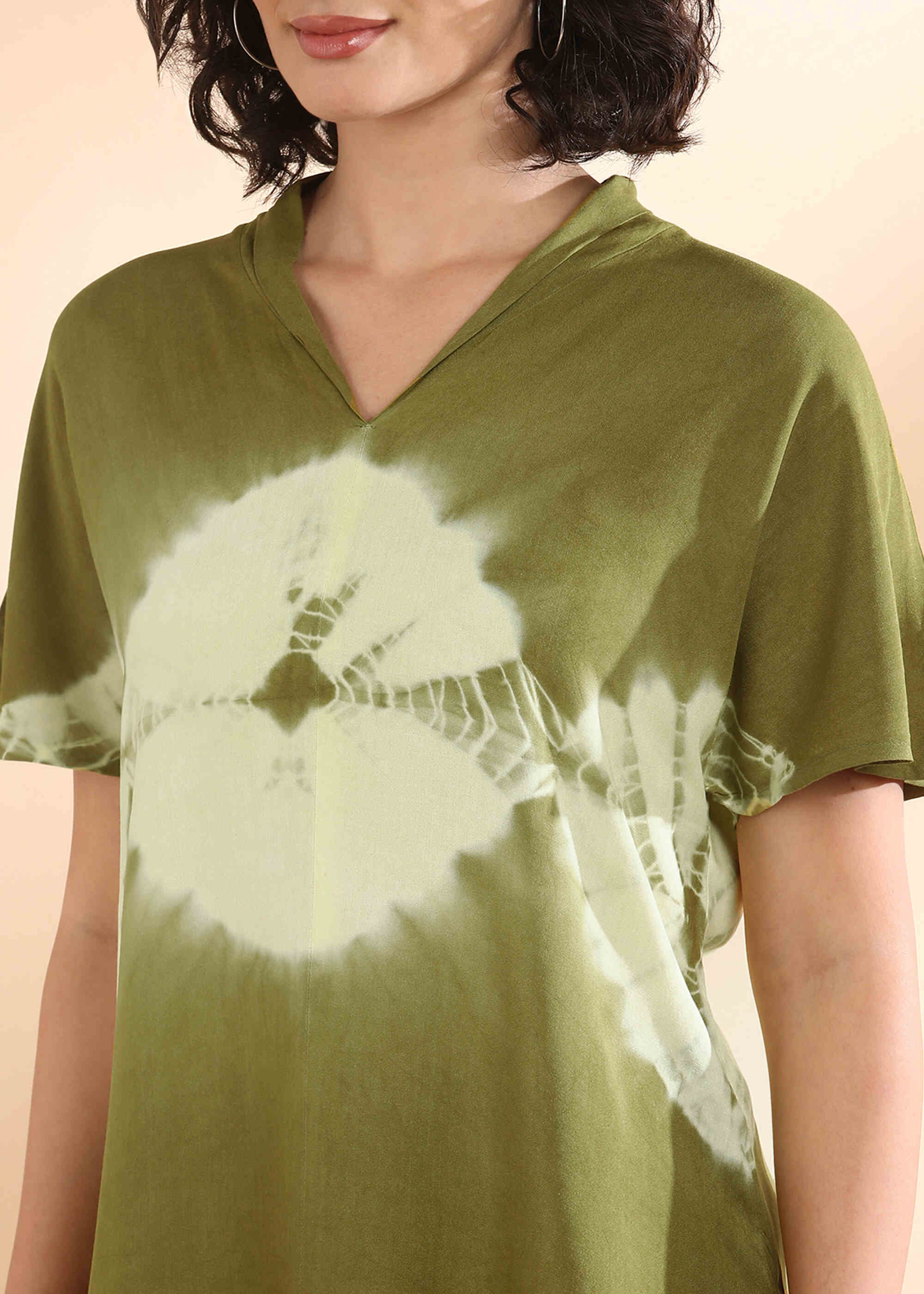 Women Handmade Tie-Dye Rayon Olive Green Top (W1652)