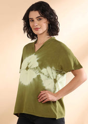 Women Handmade Tie-Dye Rayon Olive Green Top (W1652)