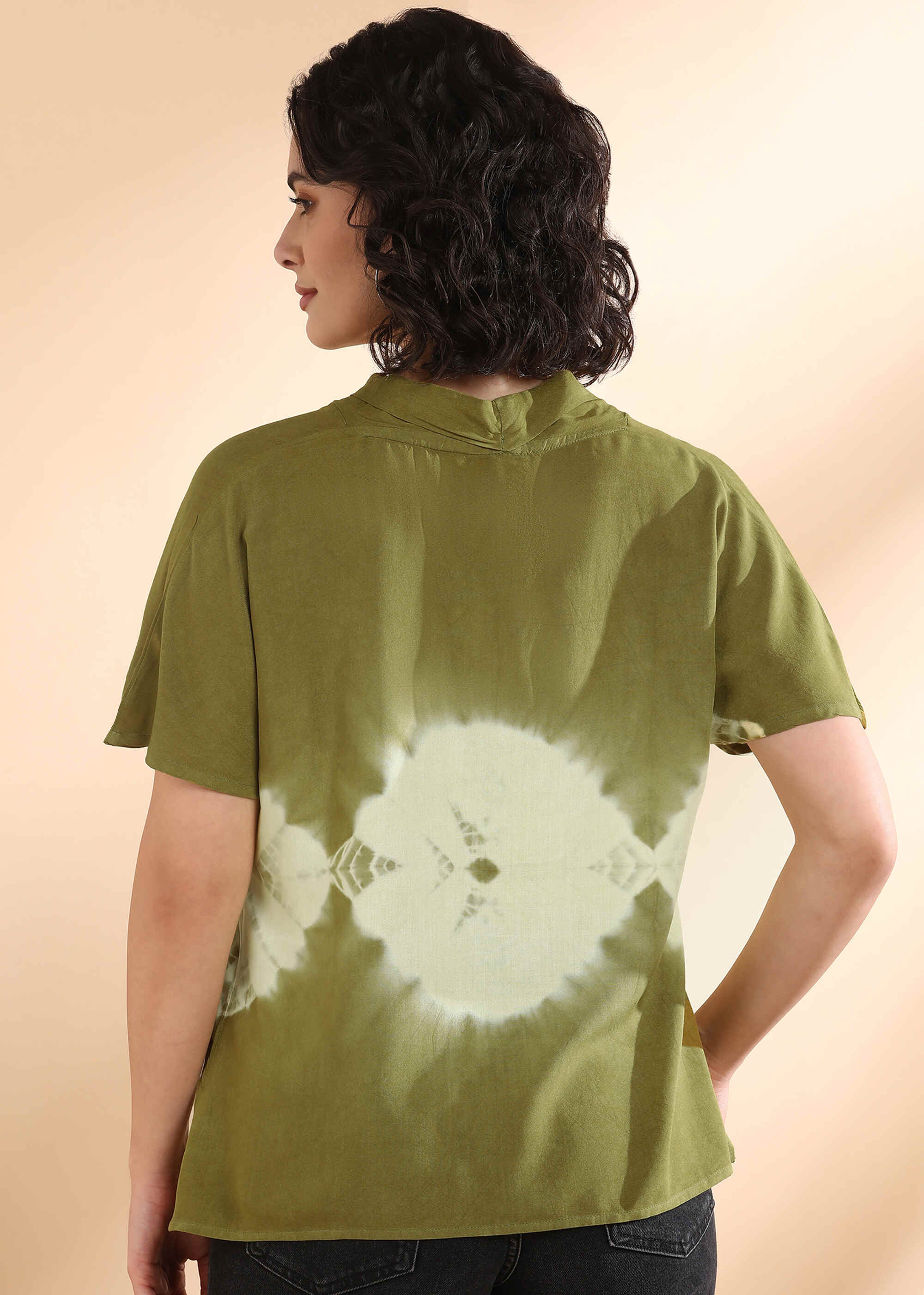 Women Handmade Tie-Dye Rayon Olive Green Top (W1652)