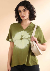 Women Handmade Tie-Dye Rayon Olive Green Top (W1652)