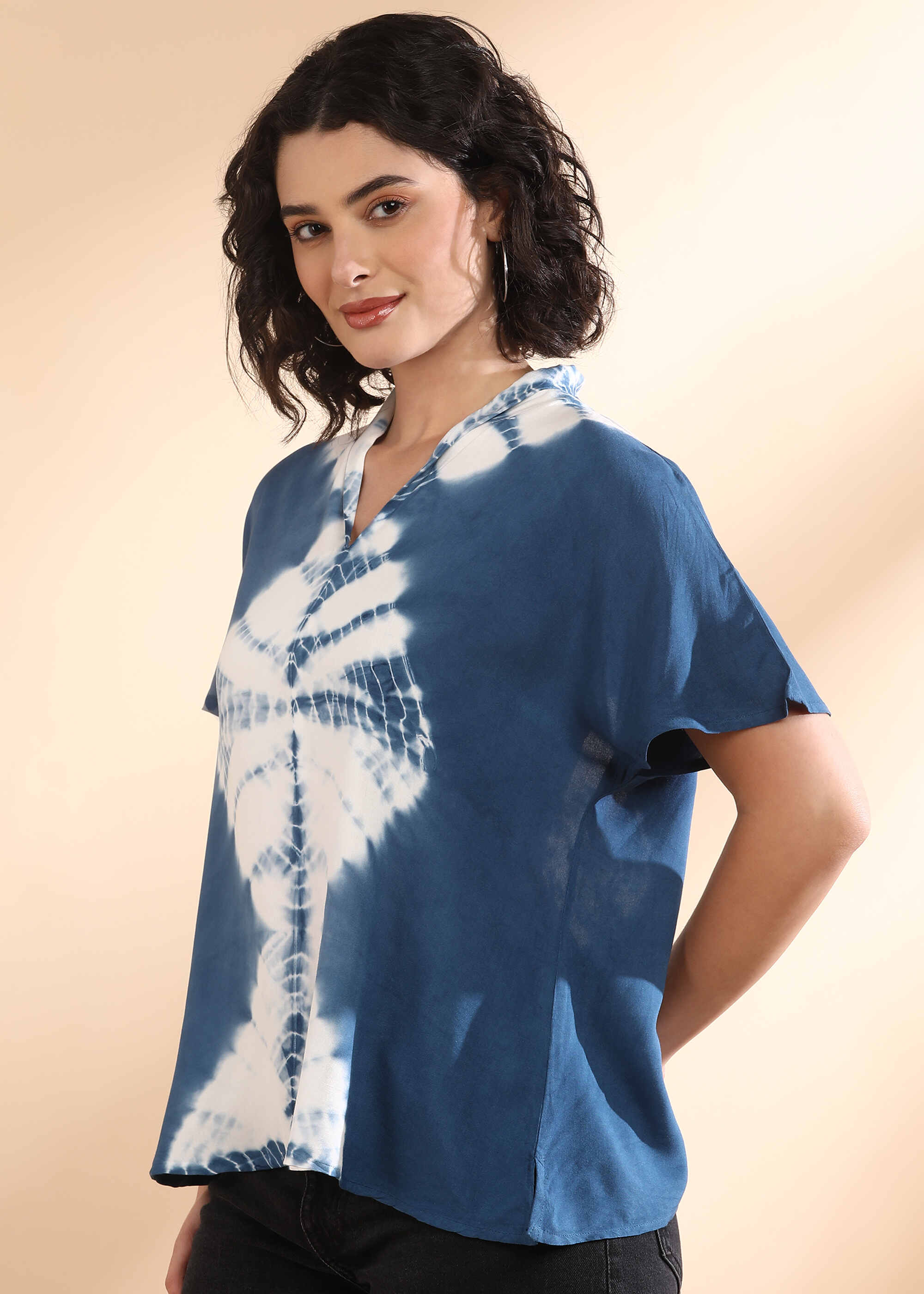 Women Handmade Tie-Dye Rayon Blue Top (W1653)