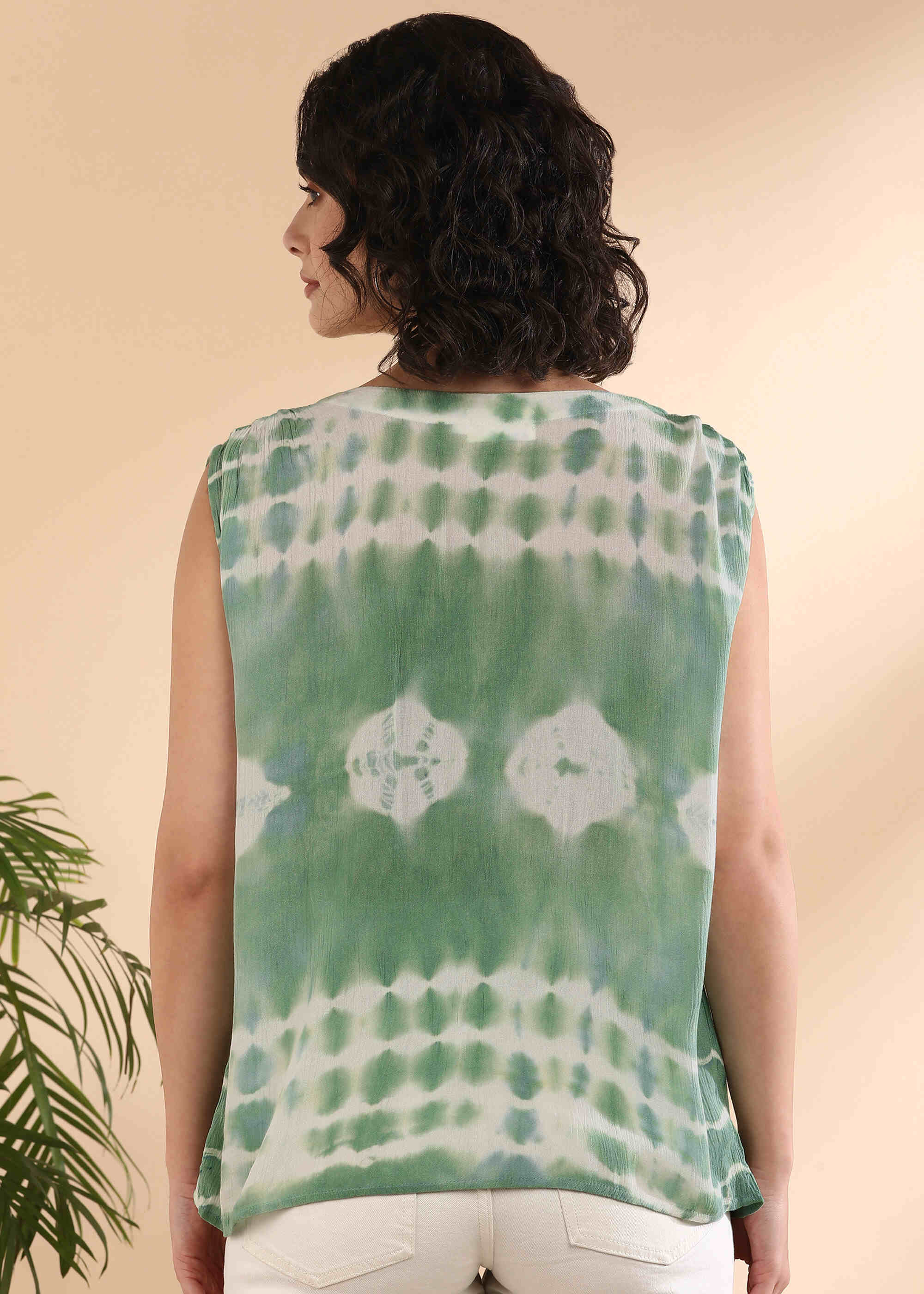 Women Handmade Tie-Dye Rayon Green Top (W1654)