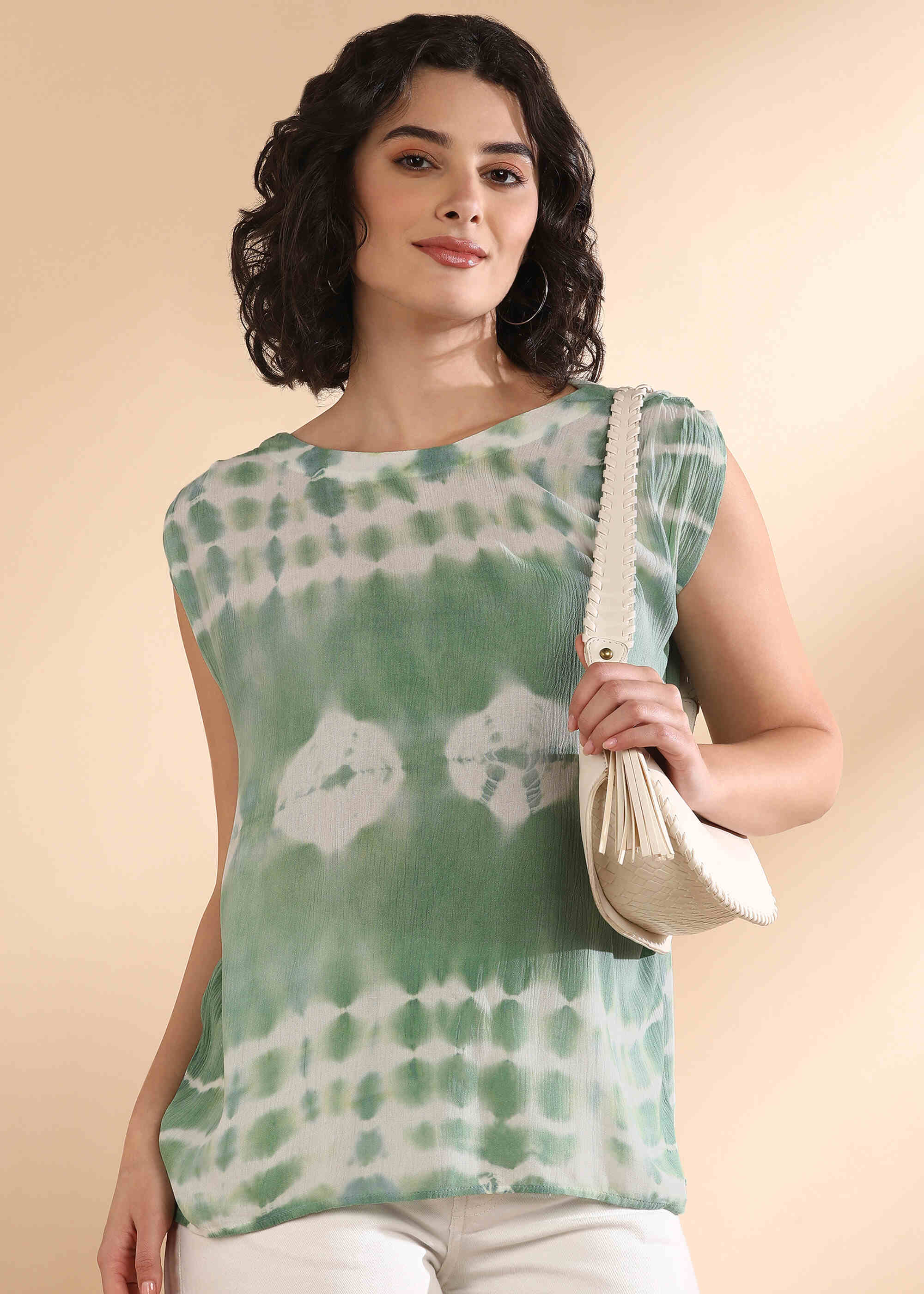 Women Handmade Tie-Dye Rayon Green Top (W1654)