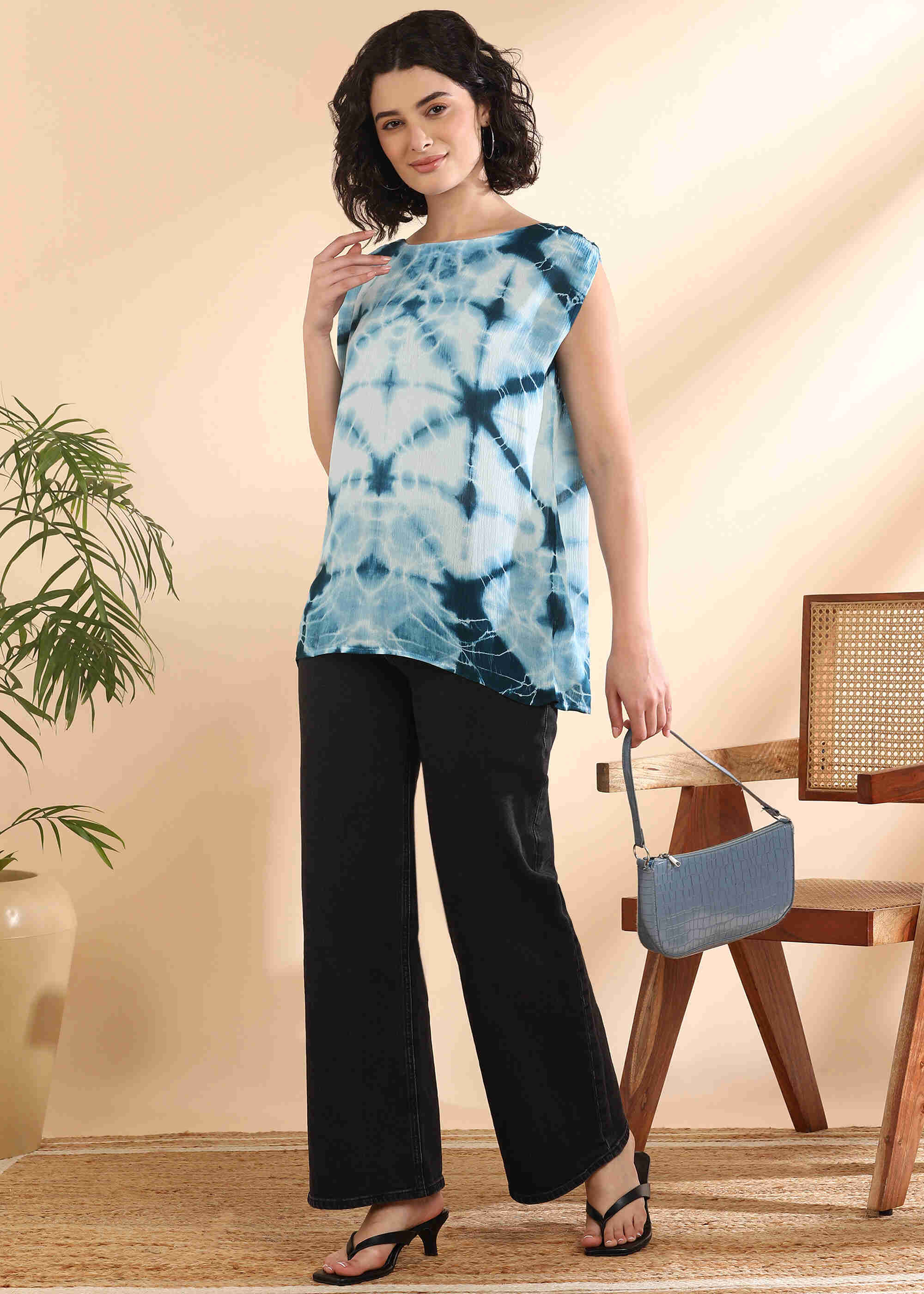 Women Handmade Tie-Dye Rayon Blue Top (W1655)