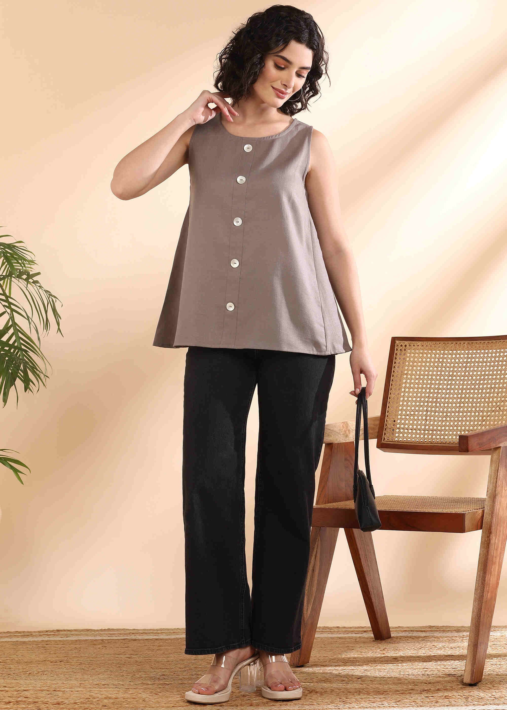 Women Handmade Solid Rayon Grey Top (W1657)