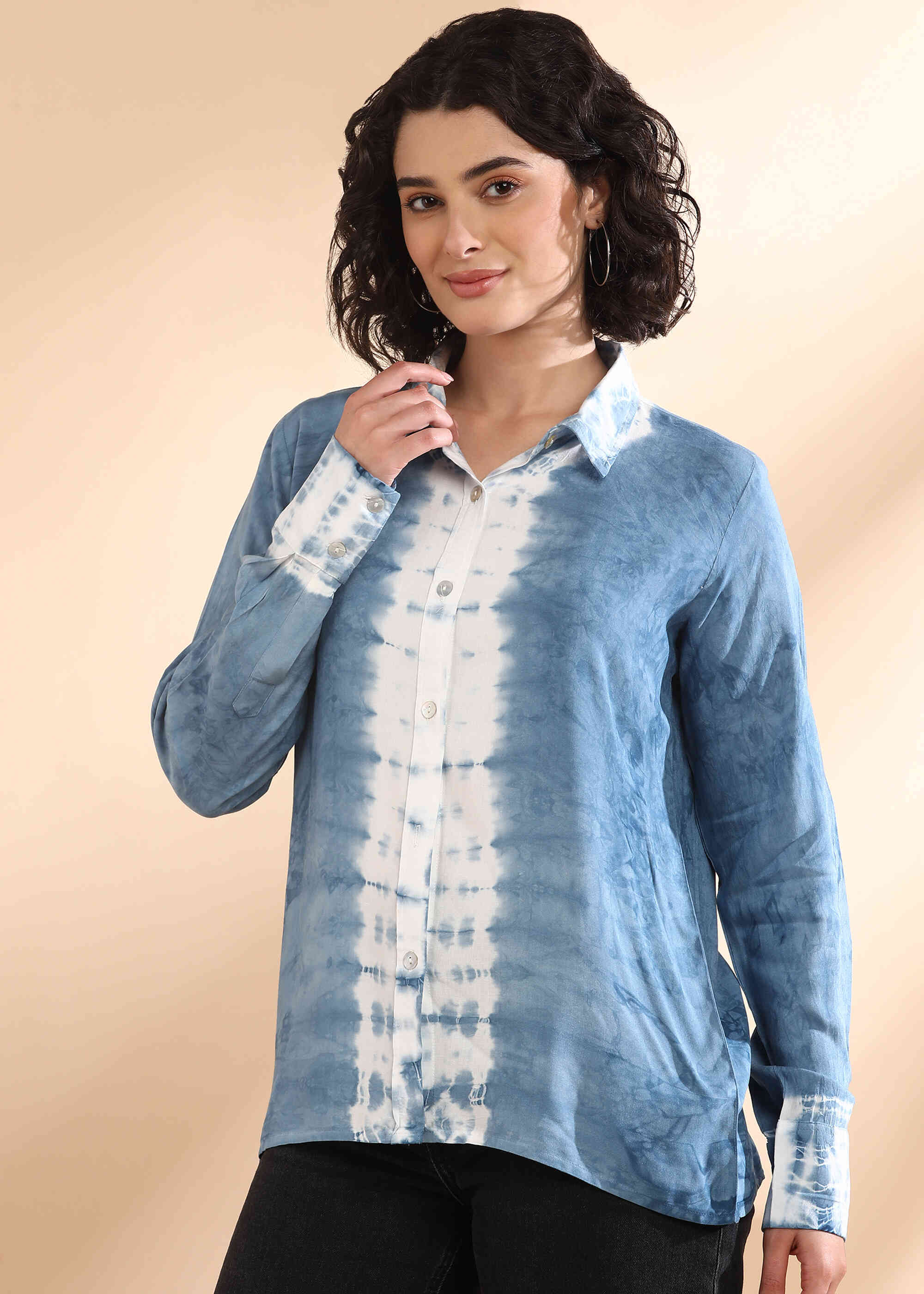 Women Handmade Tie-Dye Mulmul Blue Shirt (W1659)