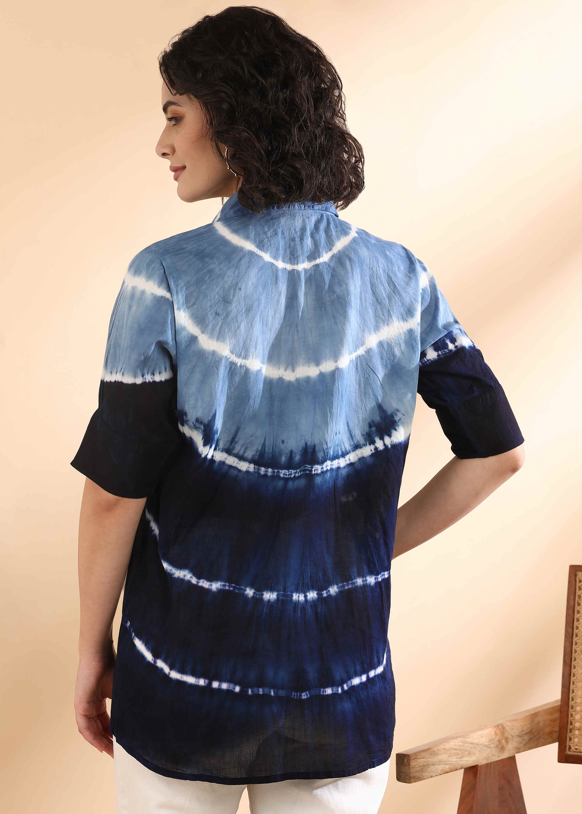 Women Handmade Tie-Dye Mulmul Blue Shirt (W1664)