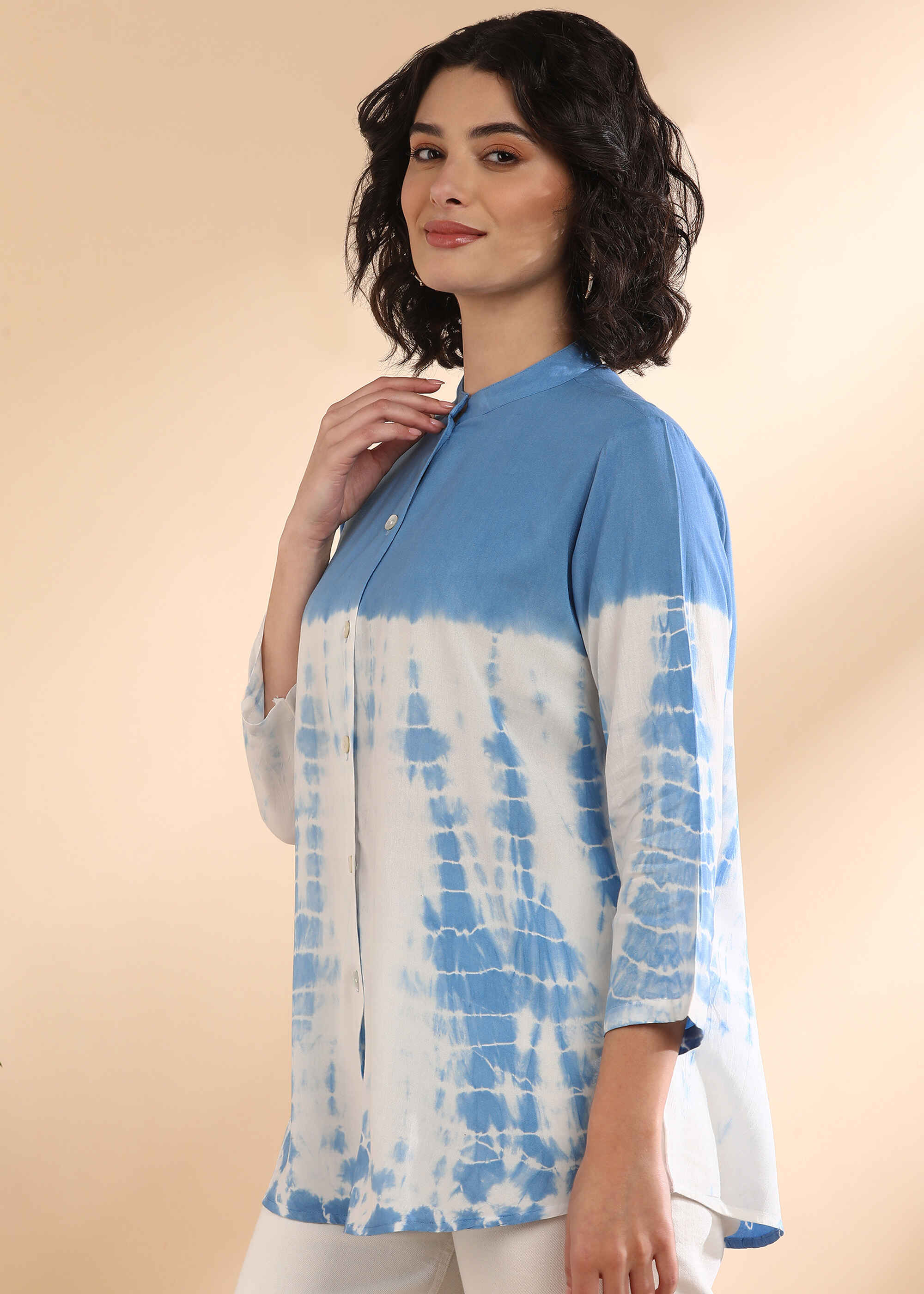 Women Handmade Tie-Dye Rayon Blue White Shirt (W1667)