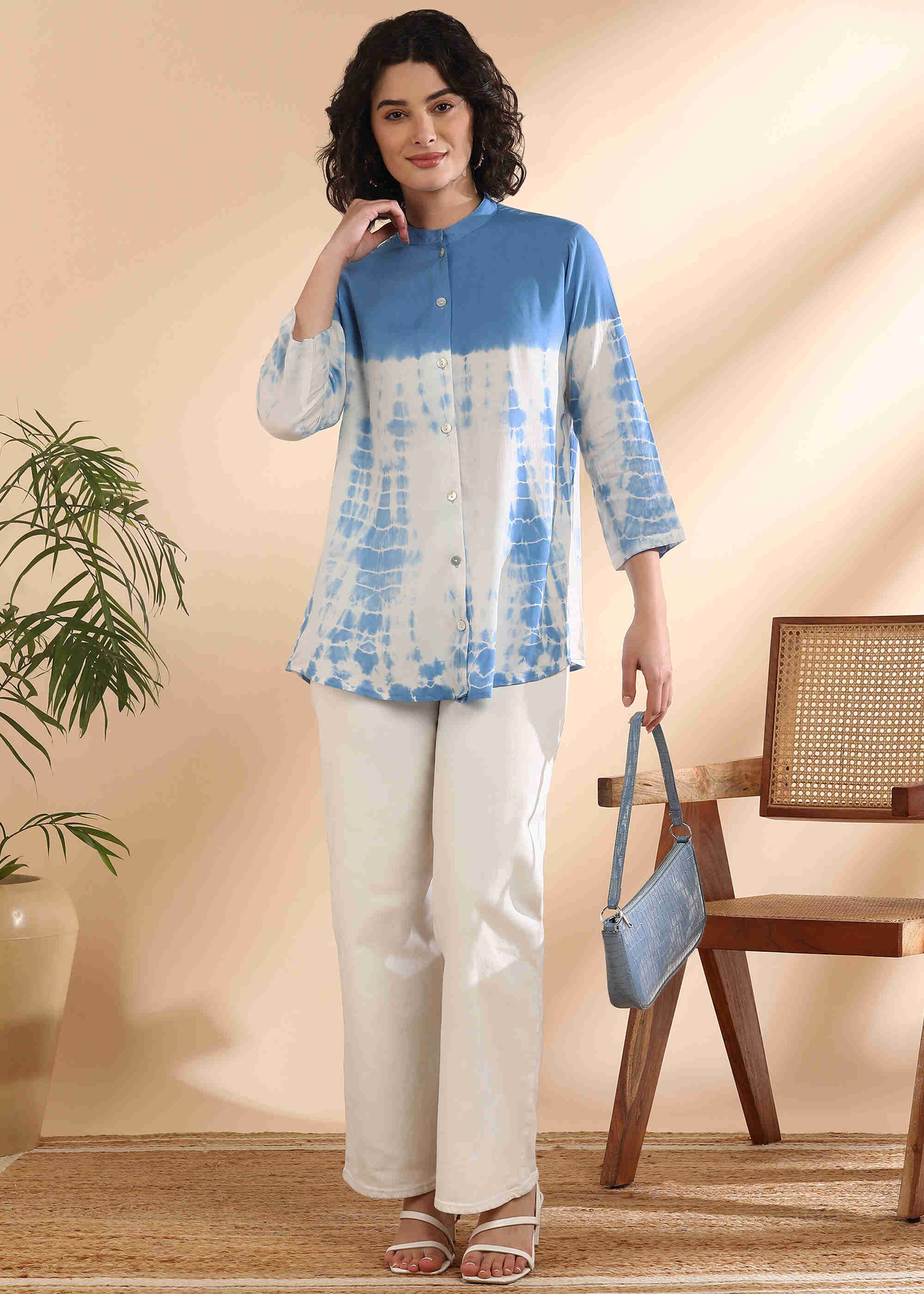 Women Handmade Tie-Dye Rayon Blue White Shirt (W1667)