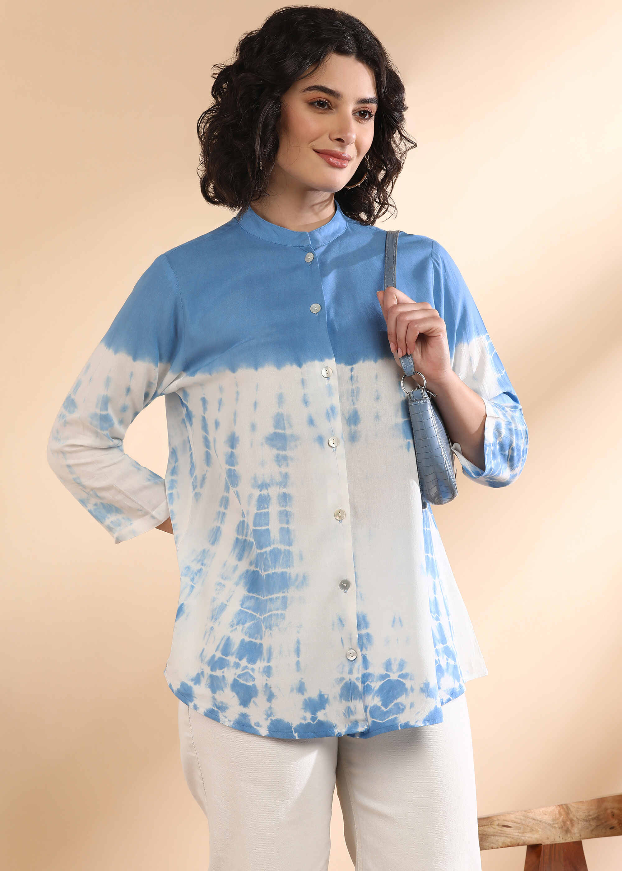 Women Handmade Tie-Dye Rayon Blue White Shirt (W1667)