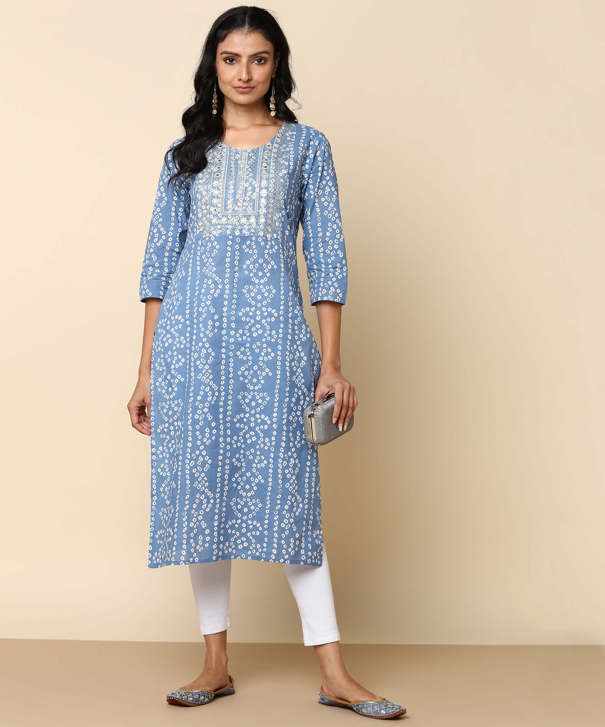 Pure Cotton Grey Bandhej Kurti With Sequins Embroidery Work (W1362)