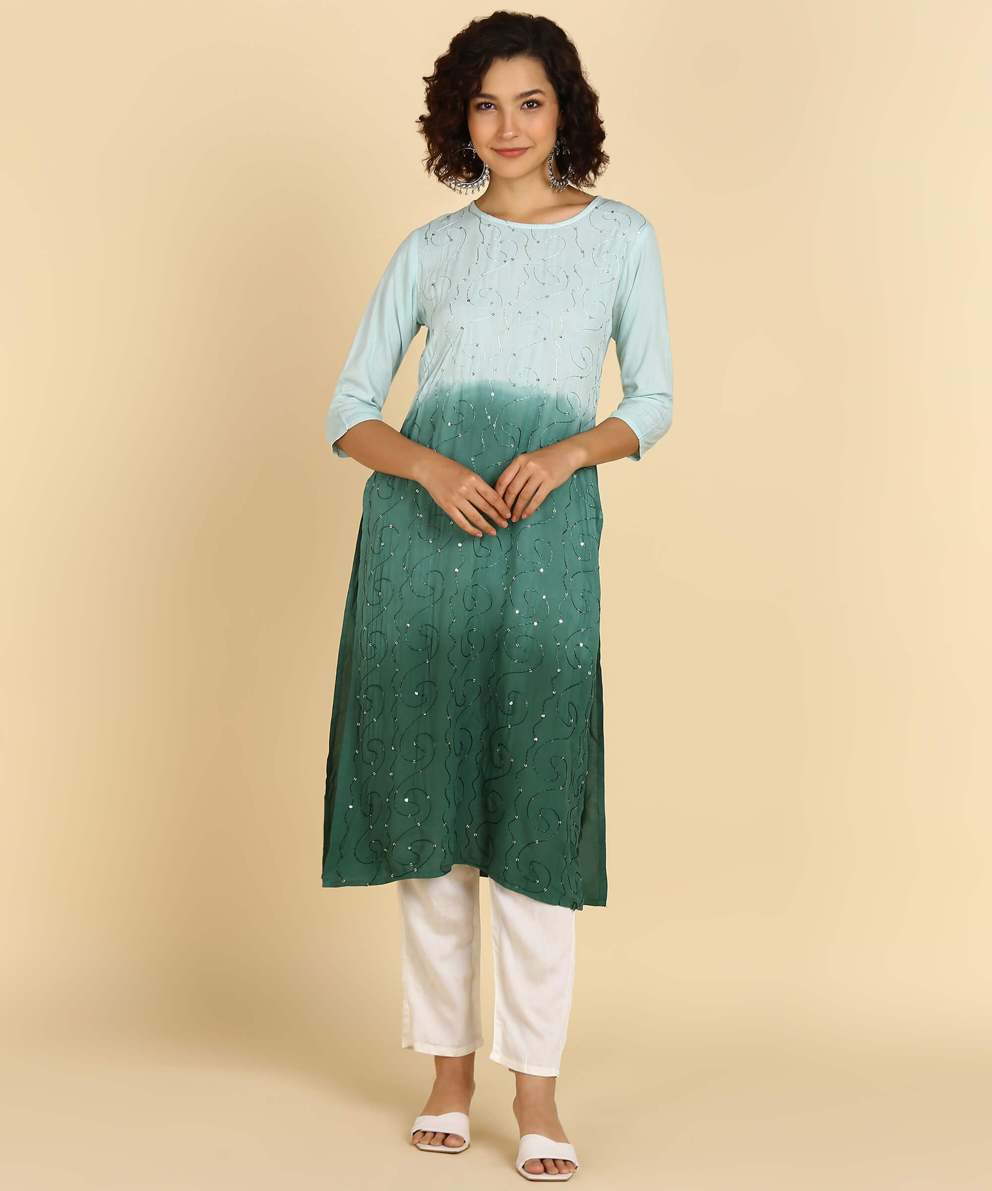 Rayon Ombre Green Tie Dye Straight Kurta With Adda Work (W1376)