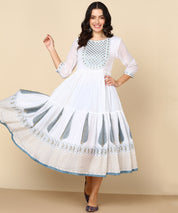 White Malmal Block Print Anarkali Dress with Dupatta (W1400)