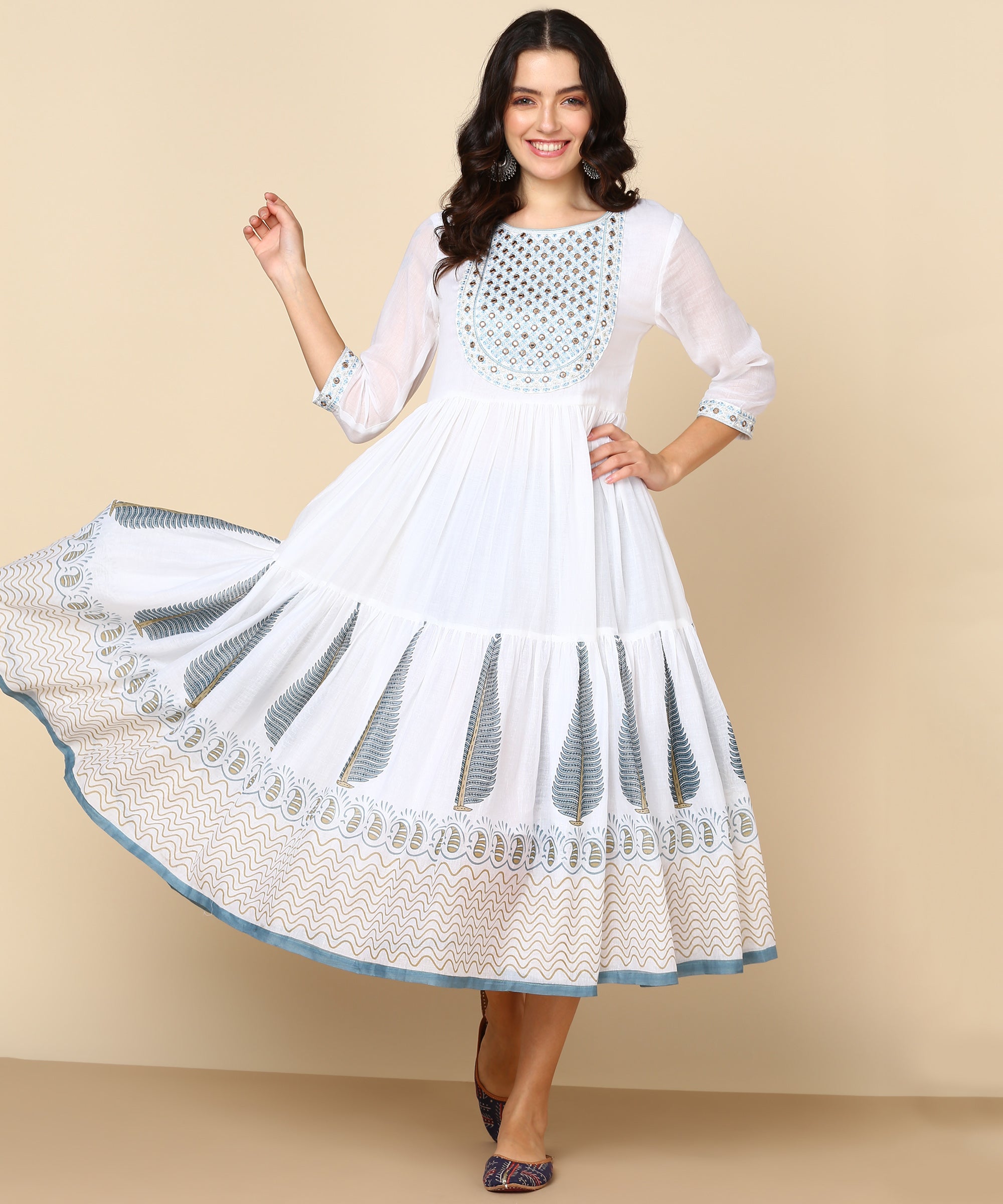 White Malmal Block Print Anarkali Dress with Dupatta (W1400)