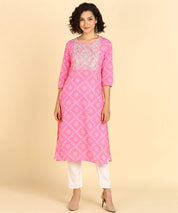 Pure Cotton Pink Bandhej Print Kurta with Zari Embroidery (W1392)