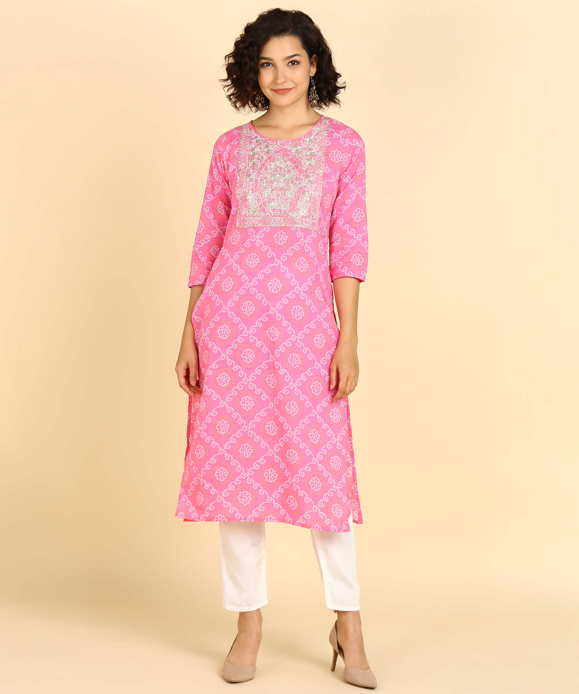 Pure Cotton Pink Bandhej Print Kurta with Zari Embroidery (W1392)