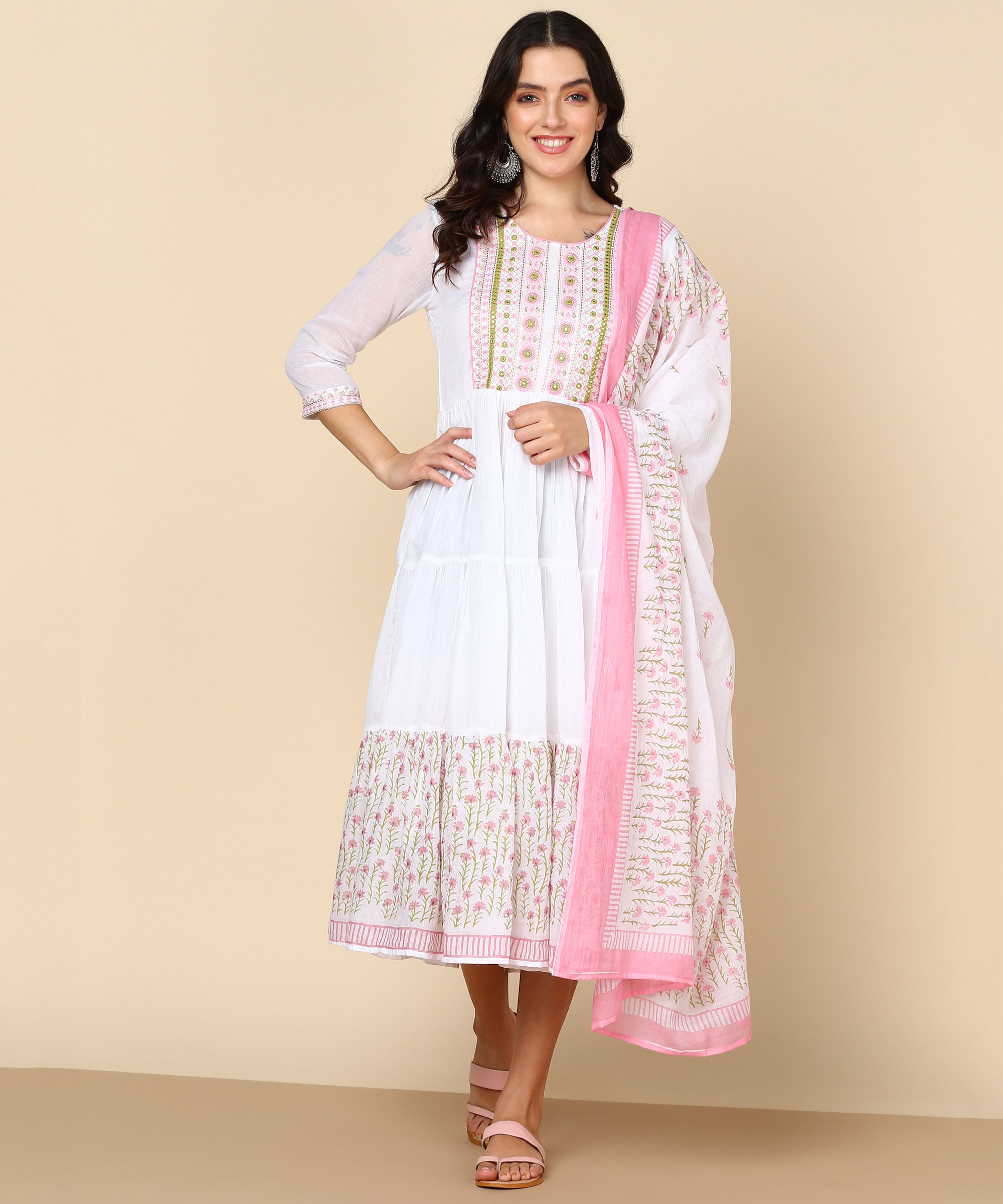 White Malmal Hand Block Print Anarkali Dress with Dupatta (W1401)