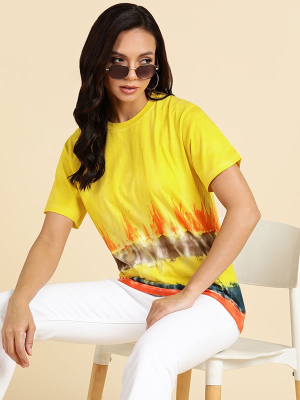 Yellow Tie Dye Cotton Regular Fit T-shirts (W1294)