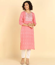 Pure Cotton Pink Bandhej Print Kurta with Zari Embroidery (W1391)