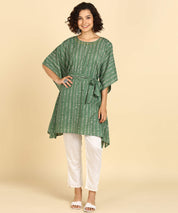 Jaipurhues Pure Cotton Green Printed Kaftan Tunic With Hand Kantha Work (W1394)