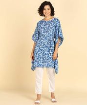 Pure Cotton Blue Printed Kaftan Tunic With Hand Kantha Work (W1397)