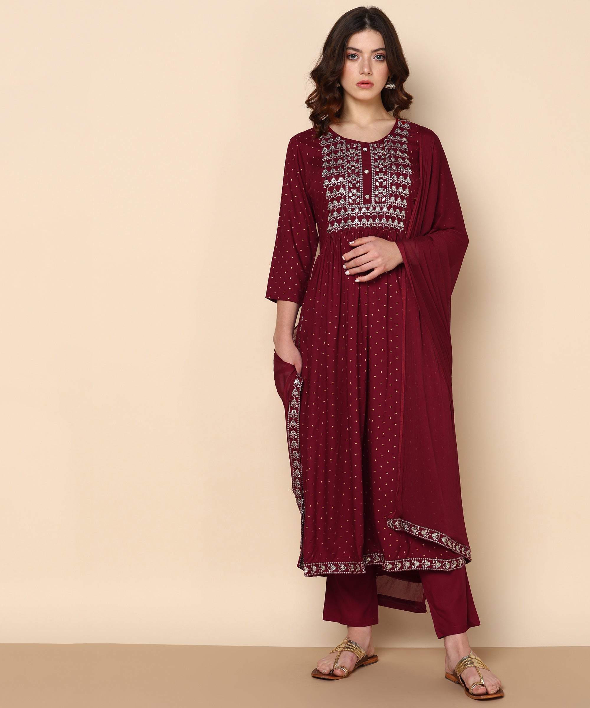 Rayon Maroon Anarkali Kurta set with Dupatta (W1312)