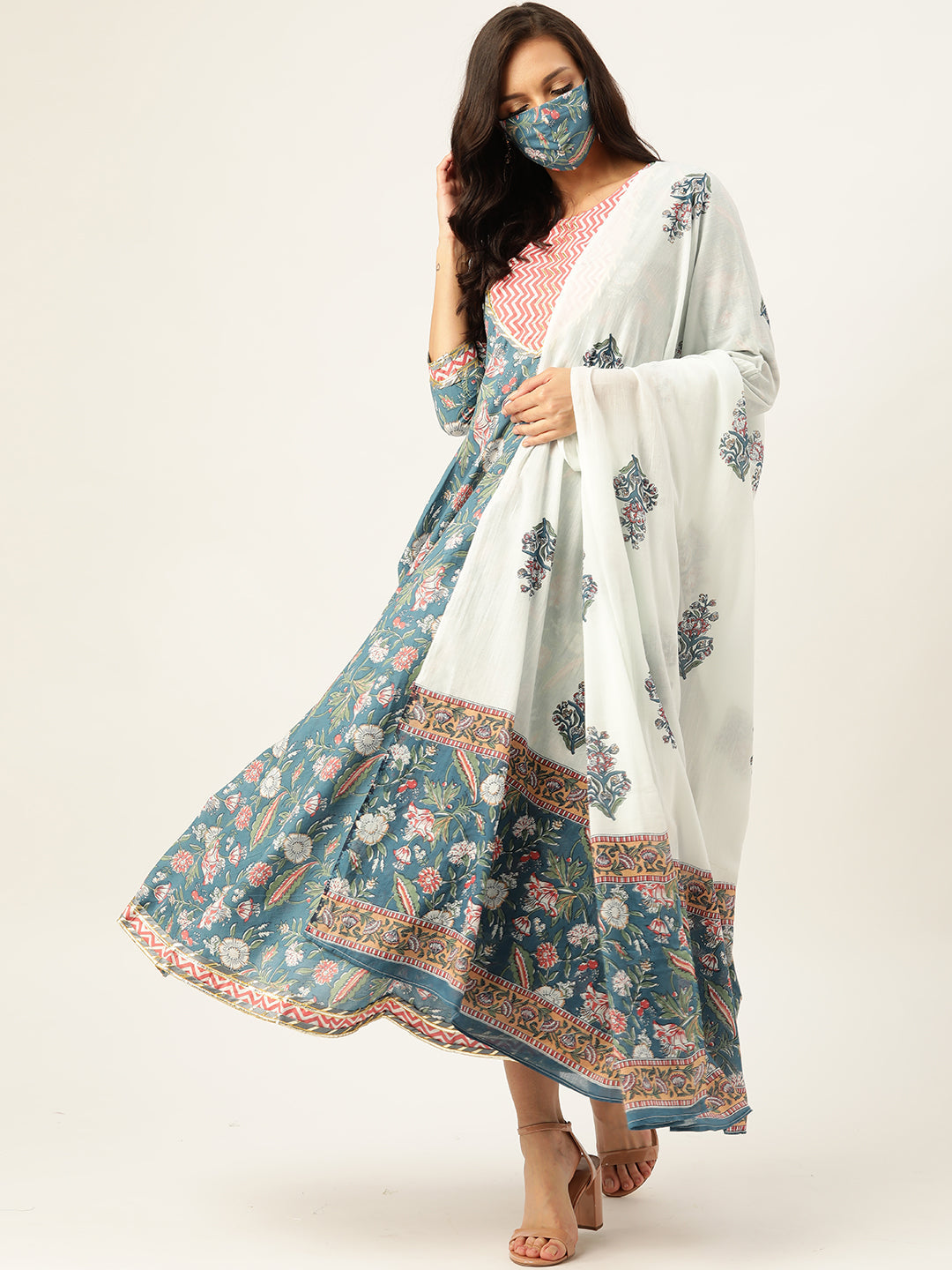 Pure Cotton Blue Flared Kurta With Dupatta (W1163)