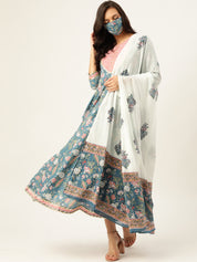 Pure Cotton Blue Flared Kurta With Dupatta (W1163)